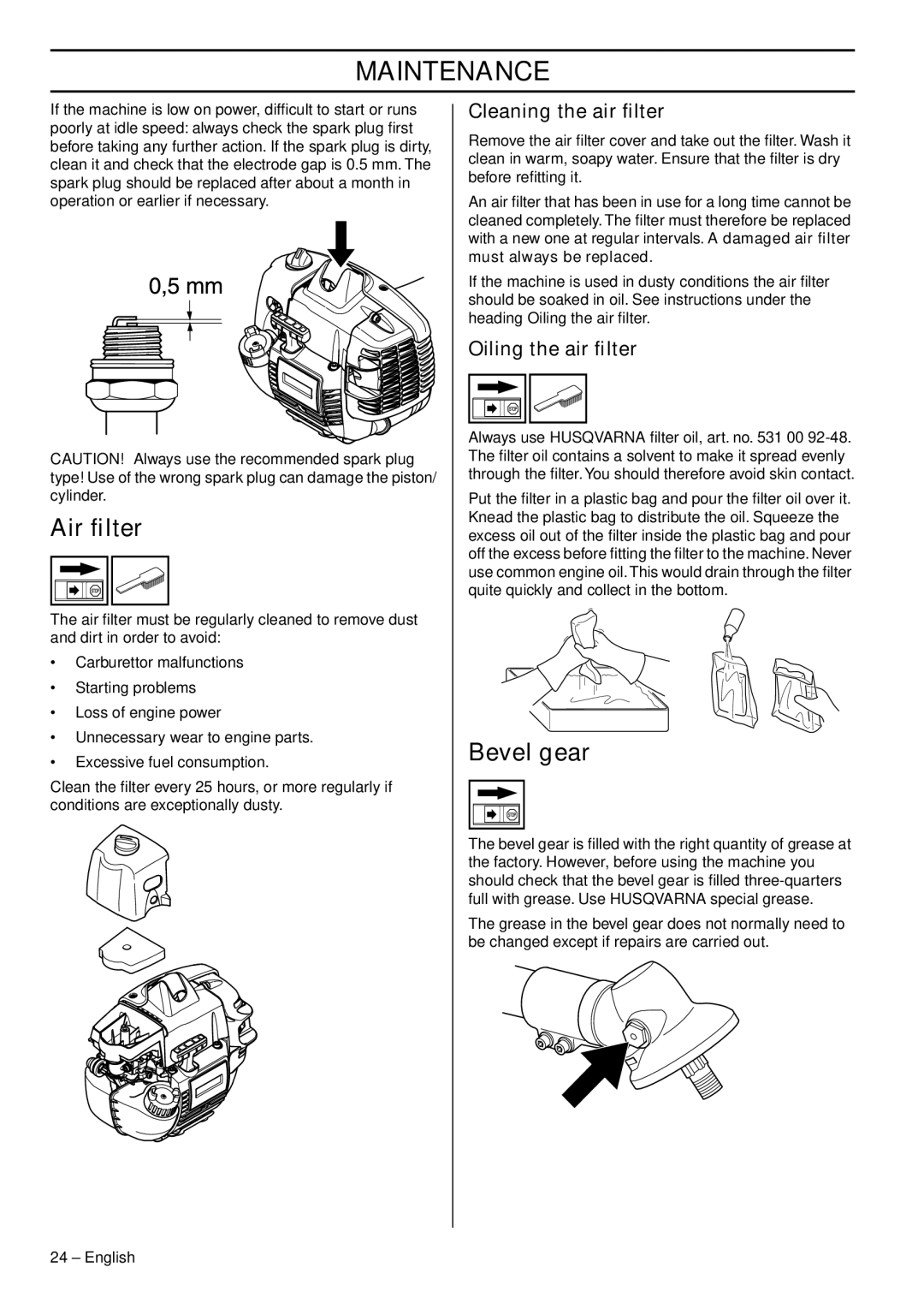 Husqvarna 327RJX-series manual Air ﬁlter, Bevel gear, Cleaning the air ﬁlter, Oiling the air ﬁlter, Must always be replaced 