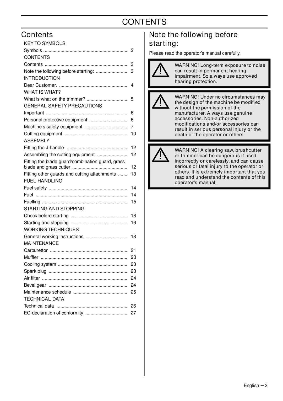 Husqvarna 327RJX-series manual Contents 