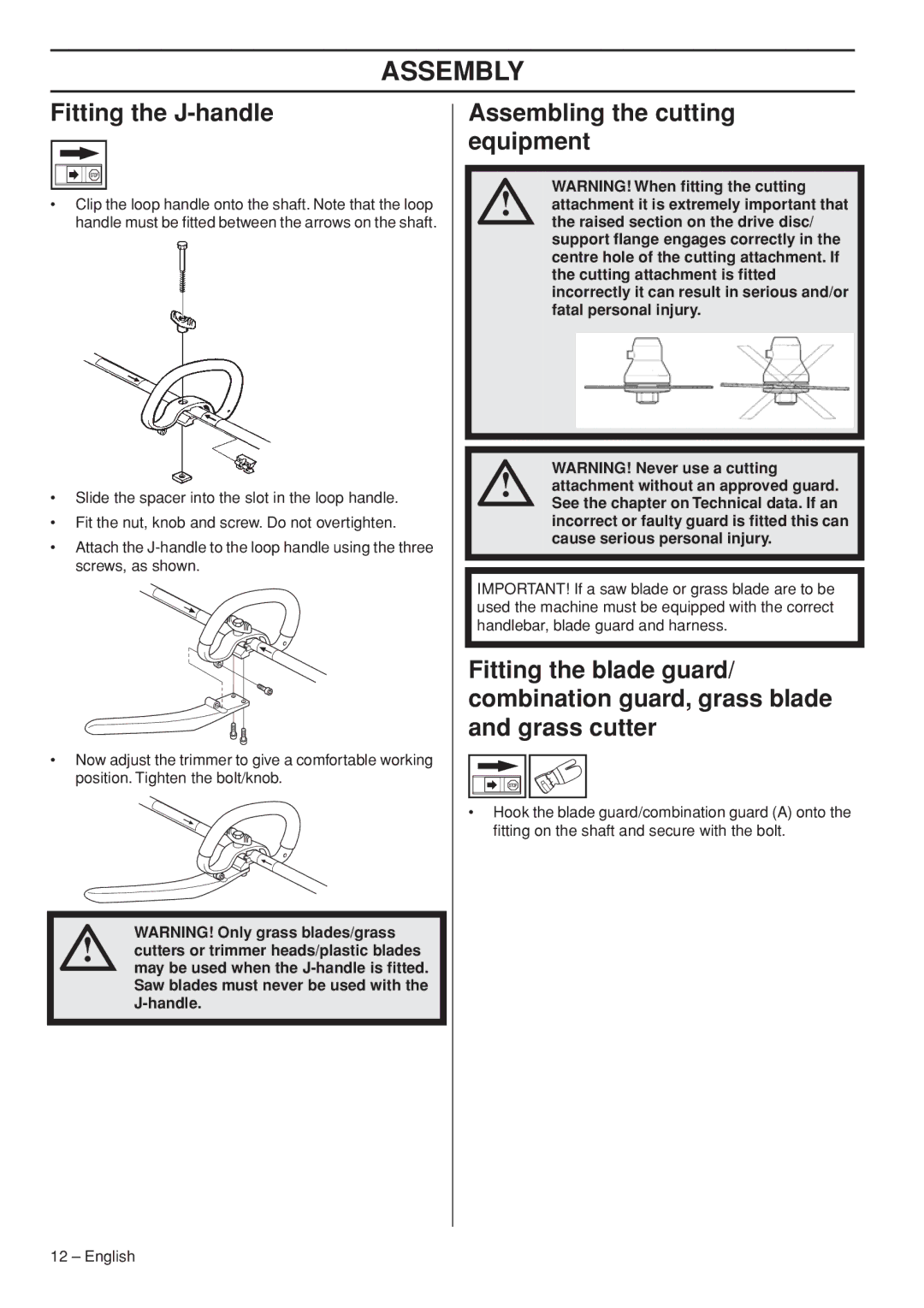 Husqvarna 327RJx manual Assembly, Fitting the J-handle, Assembling the cutting equipment 