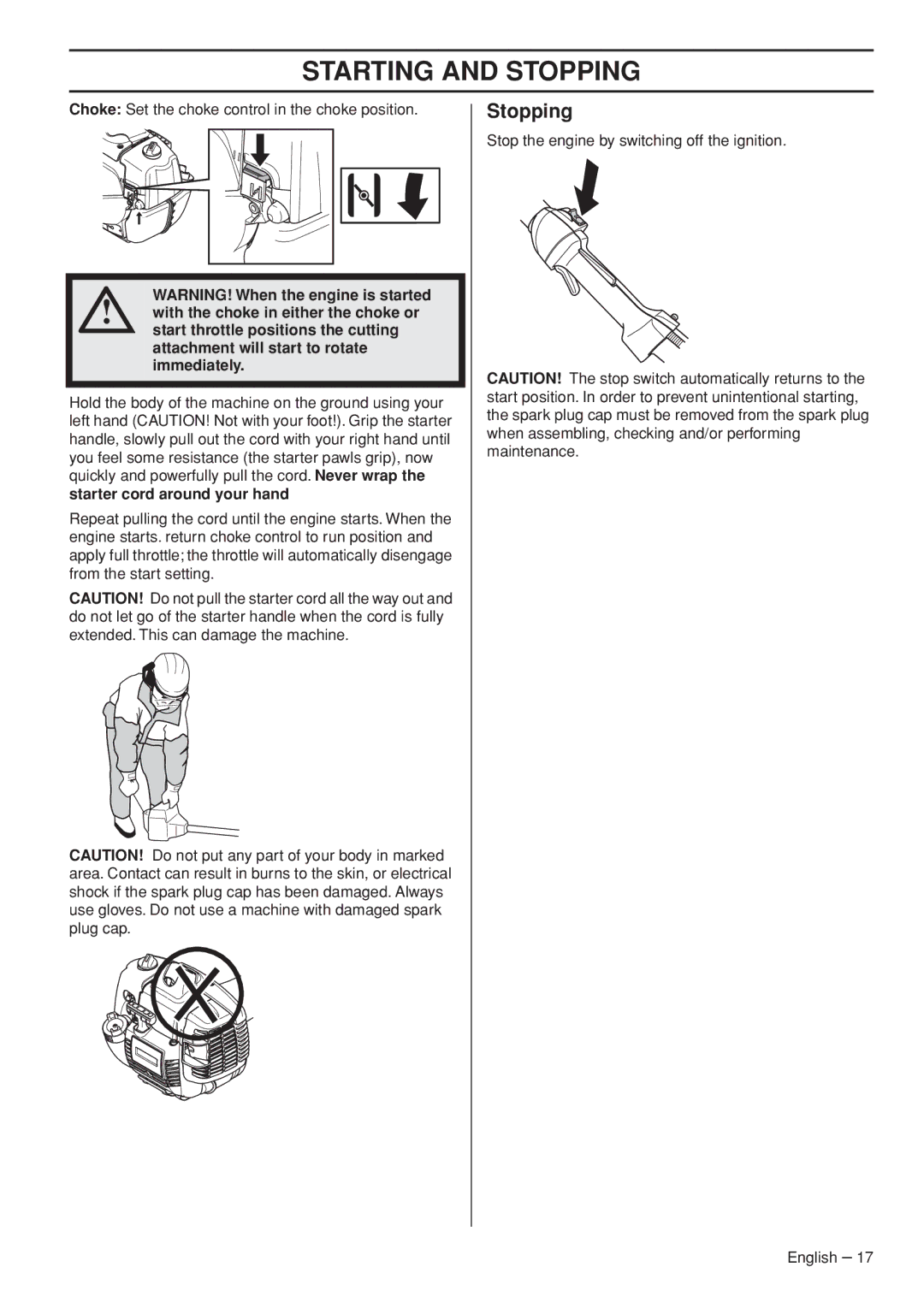 Husqvarna 327RJx manual Stopping, Starter cord around your hand 