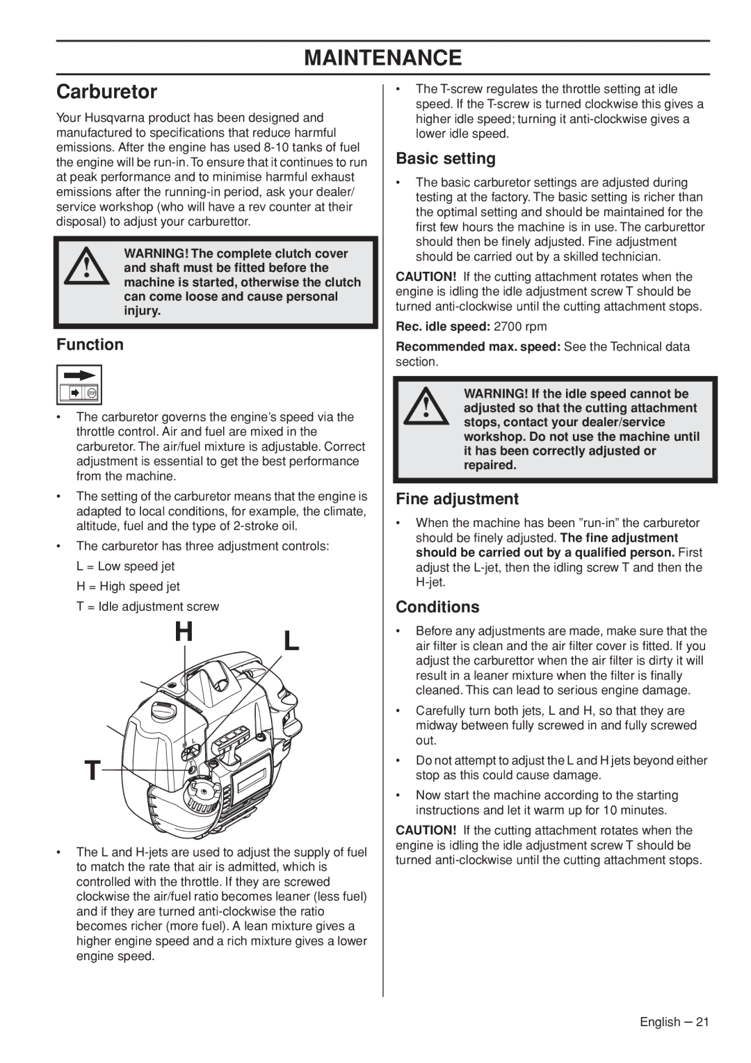 Husqvarna 327RJx manual Maintenance, Carburetor 