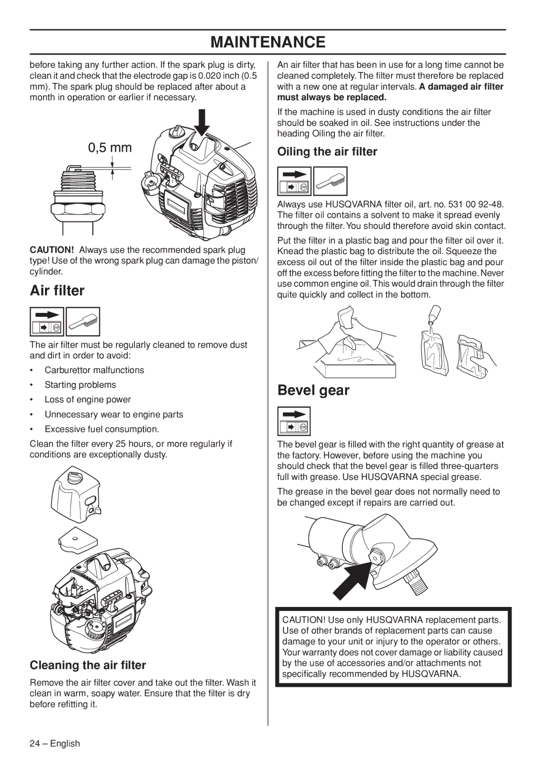 Husqvarna 327RJx manual Air ﬁlter, Bevel gear, Cleaning the air ﬁlter, Oiling the air ﬁlter, Must always be replaced 