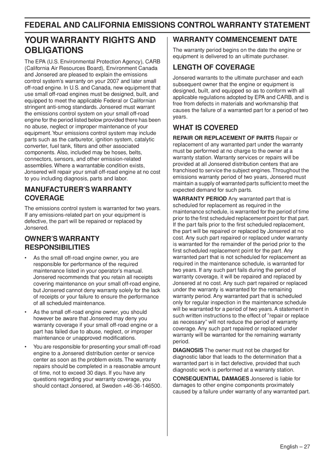 Husqvarna 327RJx manual Your Warranty Rights and Obligations 