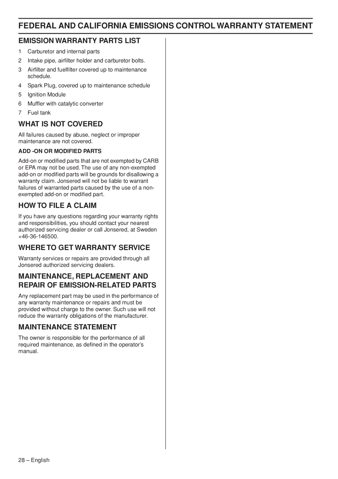 Husqvarna 327RJx manual Emission Warranty Parts List 