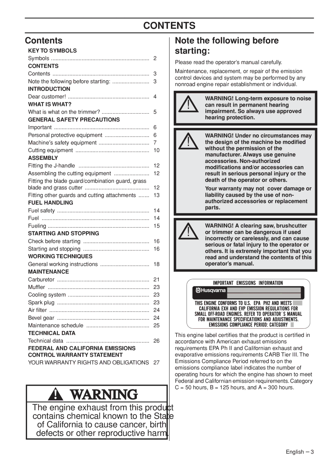 Husqvarna 327RJx manual Contents 