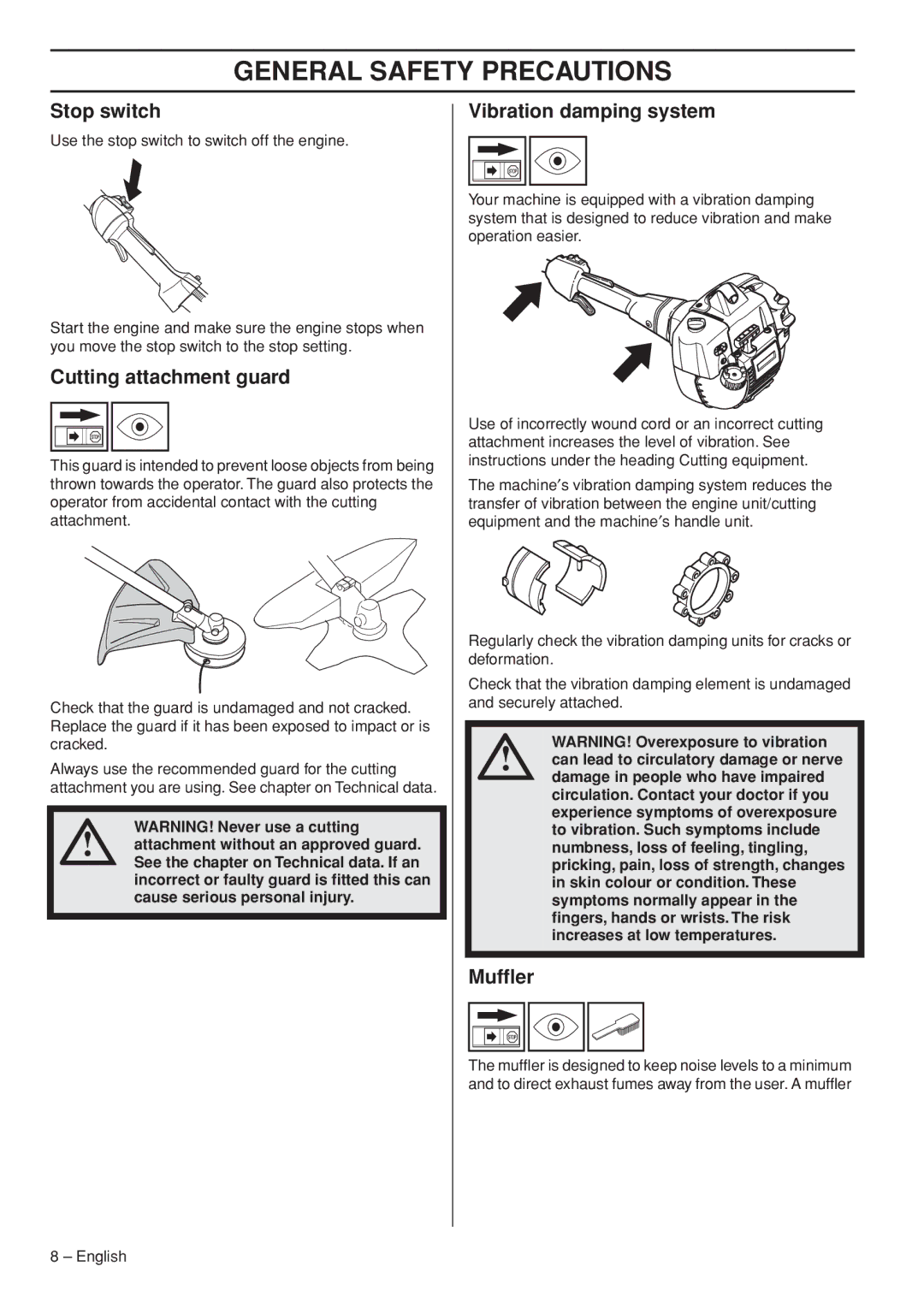 Husqvarna 327RJx manual Stop switch, Cutting attachment guard, Vibration damping system, Mufﬂer 