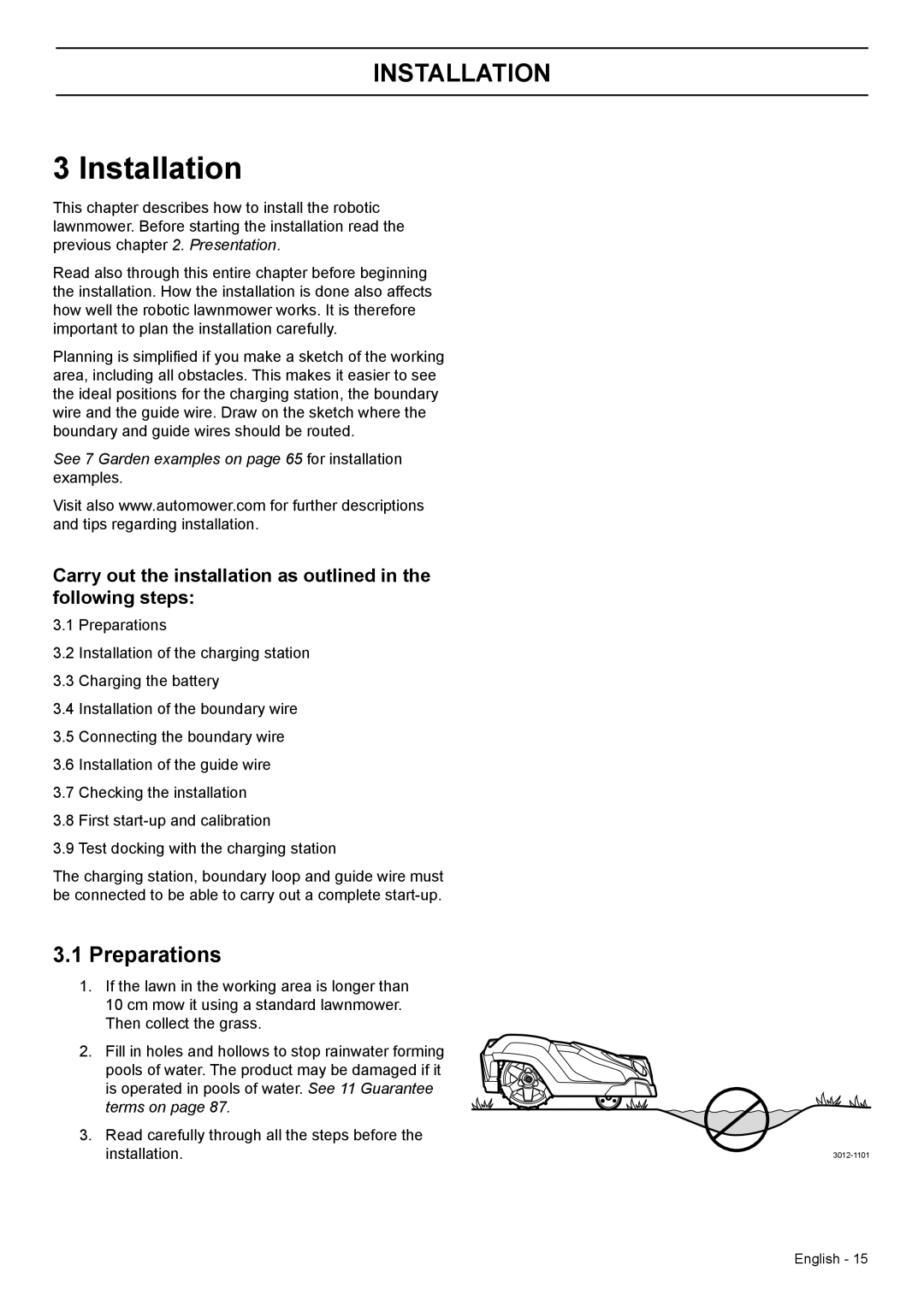 Husqvarna 320, 330X manual Installation, Preparations, See 7 Garden examples on page 65 for installation examples 