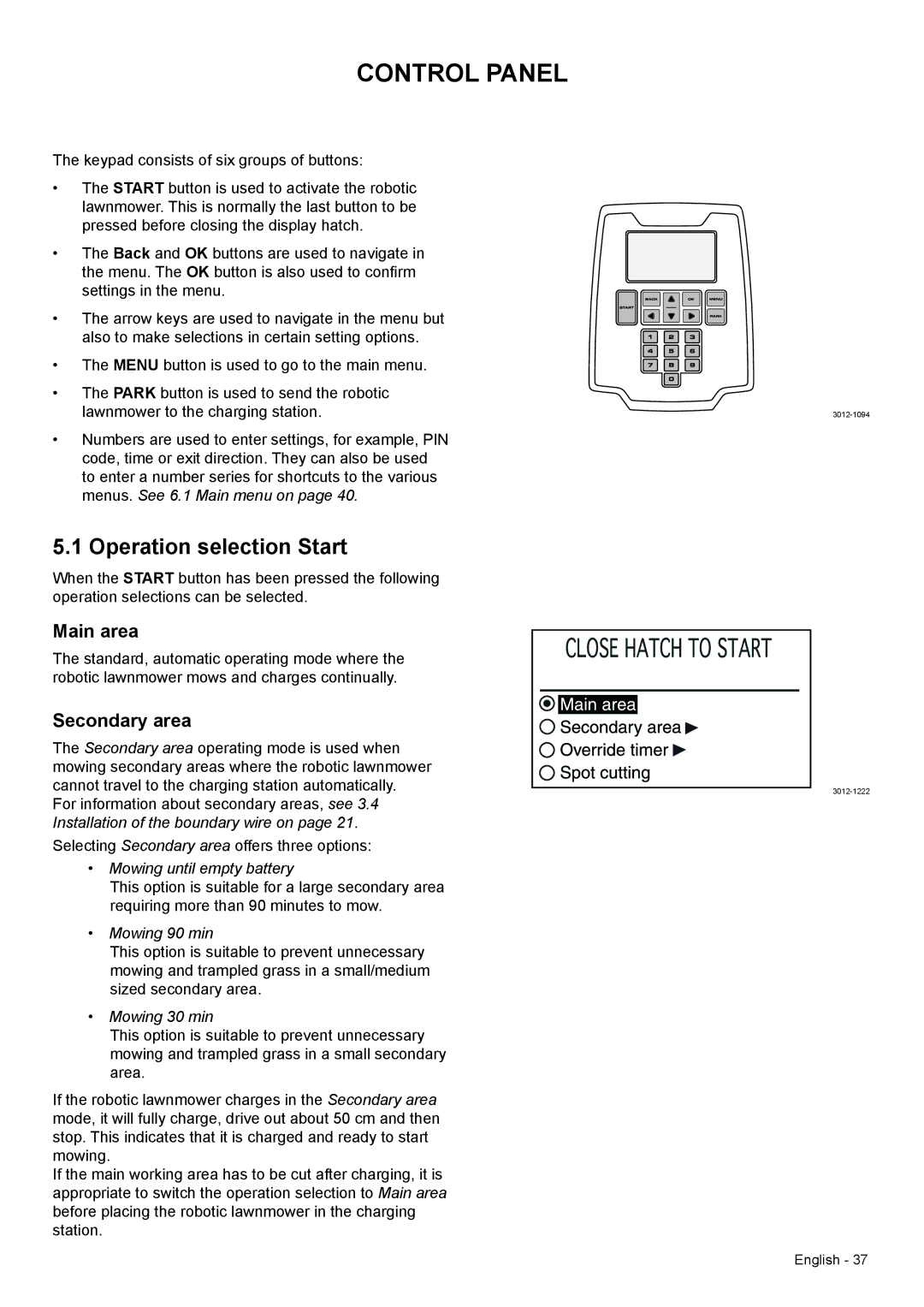 Husqvarna 320, 330X manual Operation selection Start, Main area, Secondary area 