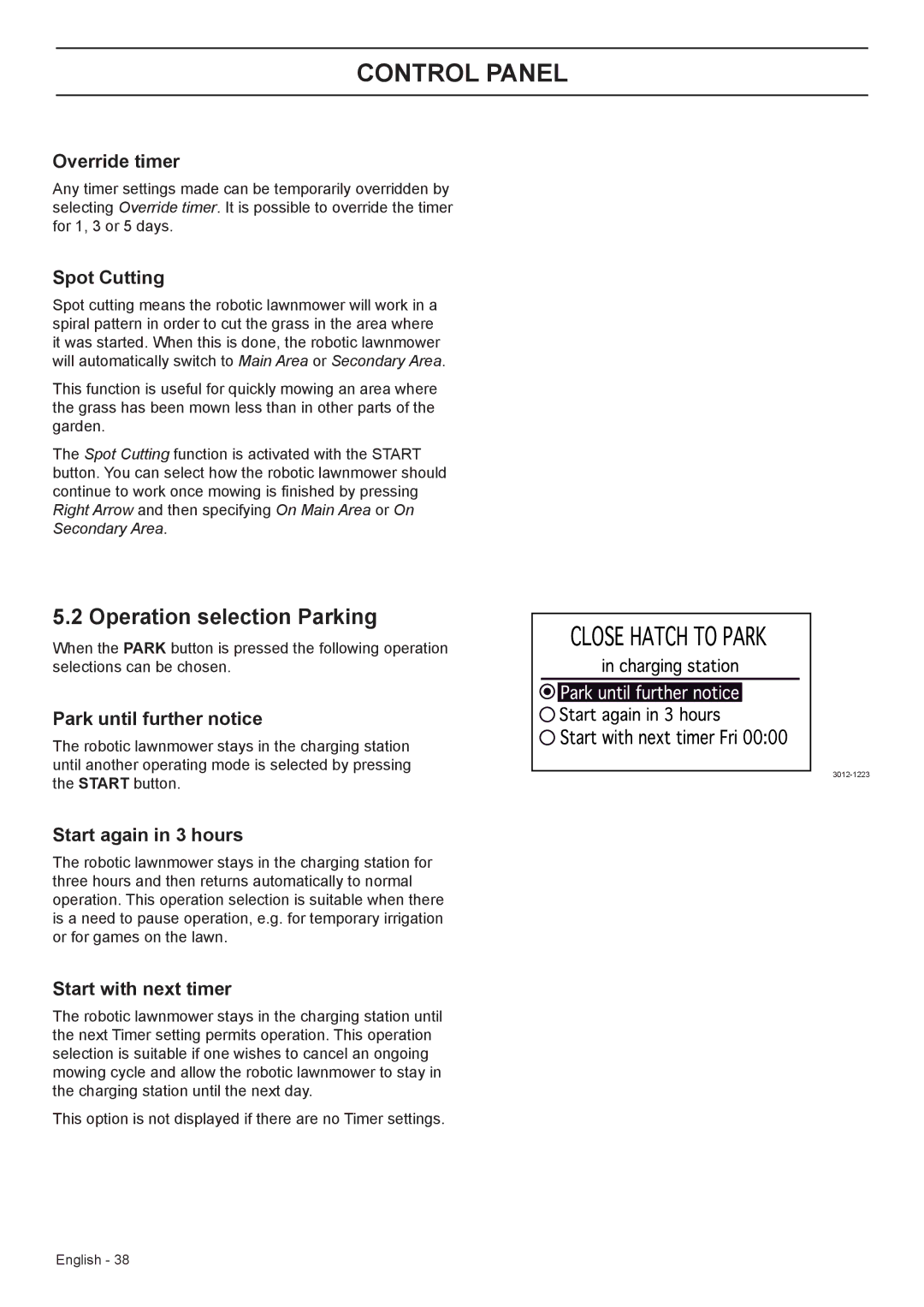 Husqvarna 330X, 320 manual Operation selection Parking 