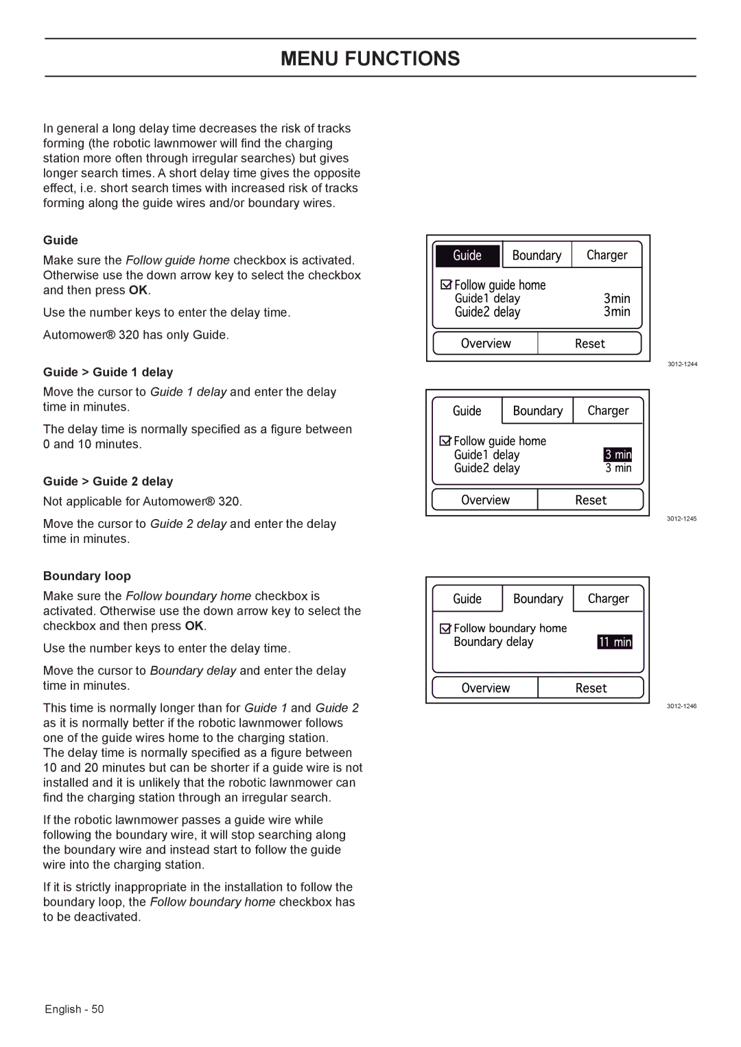 Husqvarna 330X, 320 manual Guide Guide 1 delay, Guide Guide 2 delay, Boundary loop 