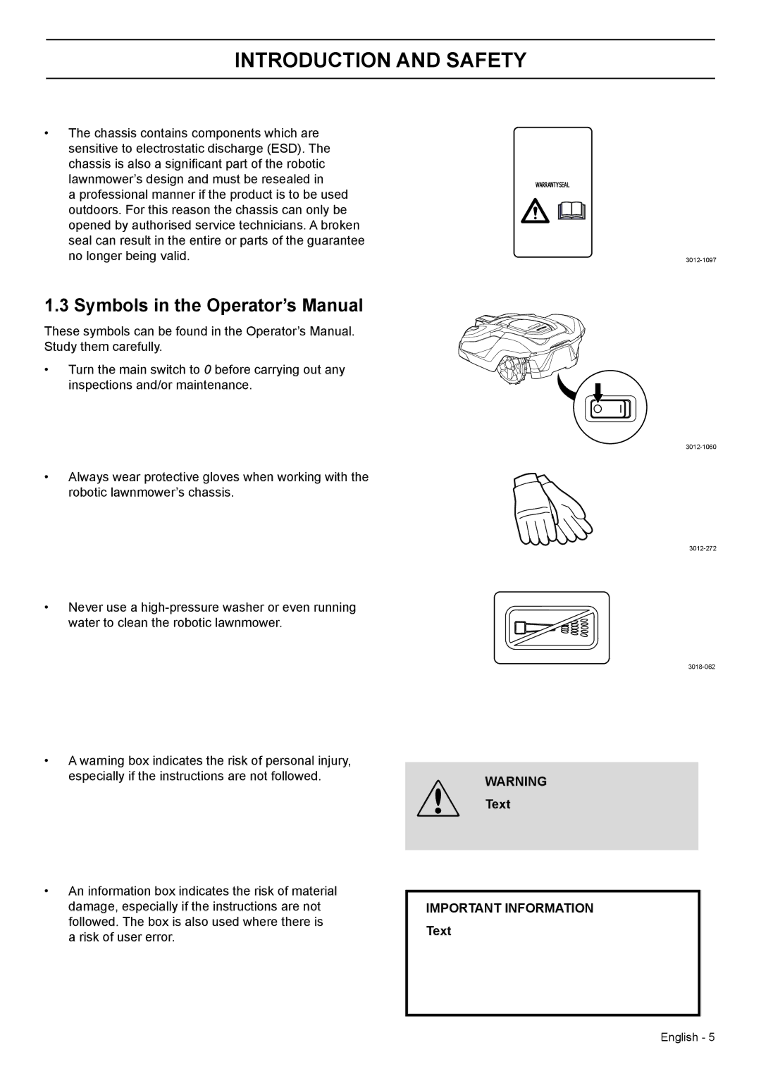 Husqvarna 320, 330X manual Symbols in the Operator’s Manual, Text Important Information Text 