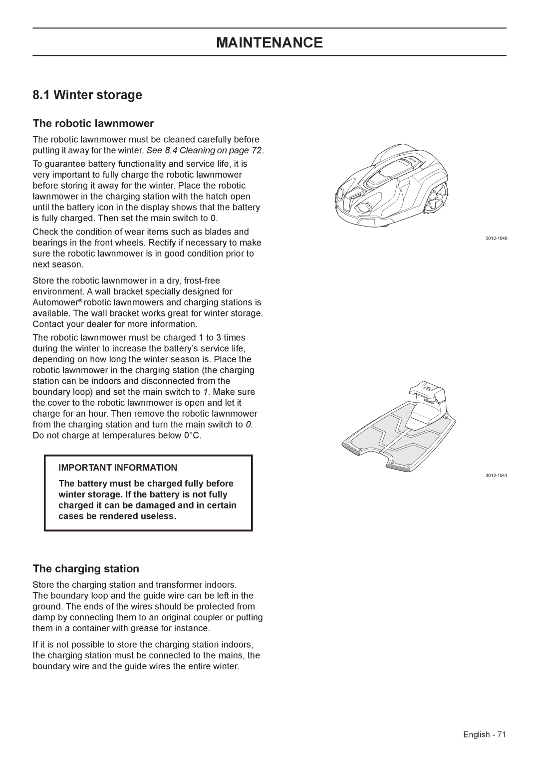 Husqvarna 320, 330X manual Winter storage, Robotic lawnmower, Charging station 