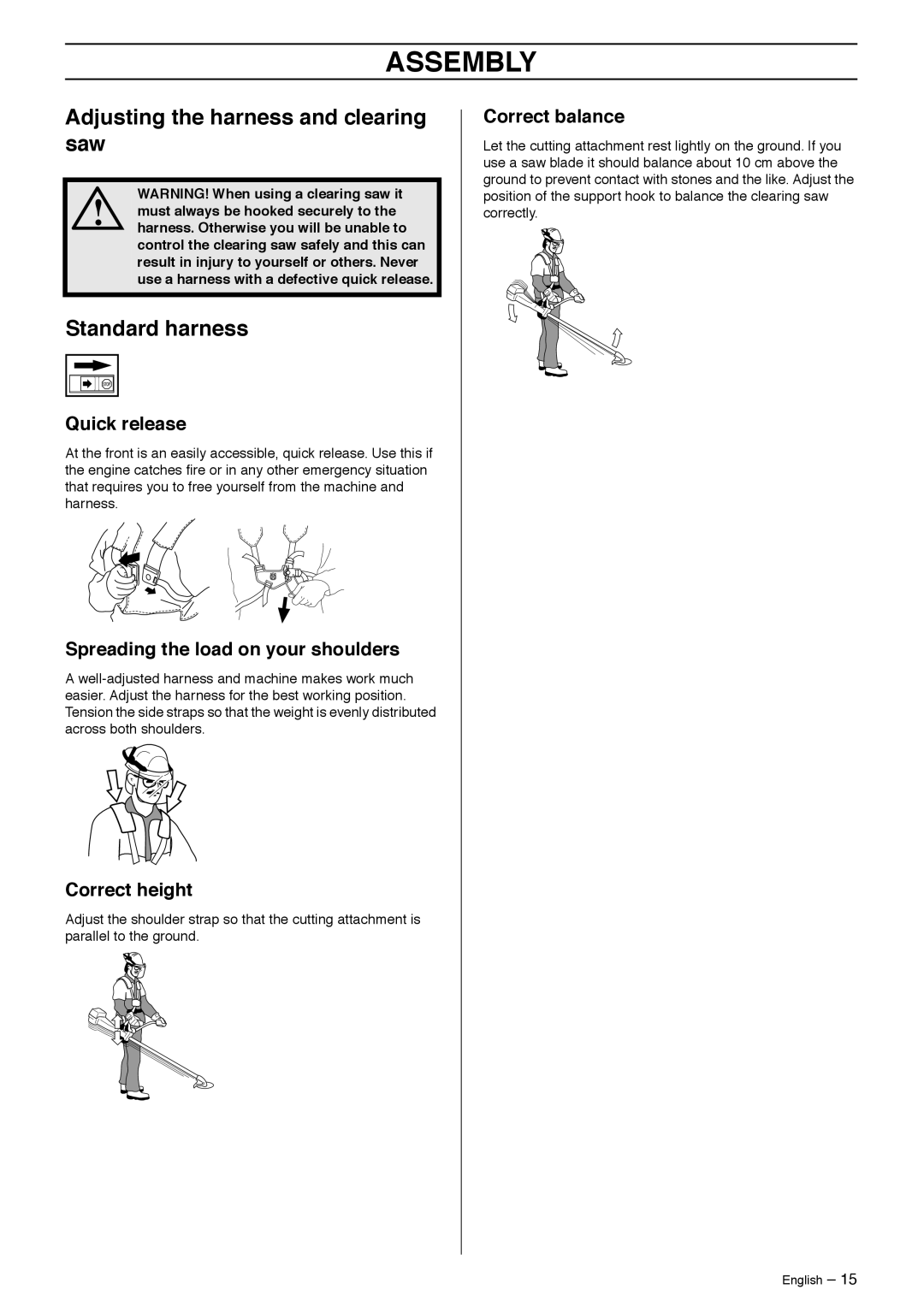 Husqvarna 335R, 333R manual Adjusting the harness and clearing saw, Standard harness, Spreading the load on your shoulders 