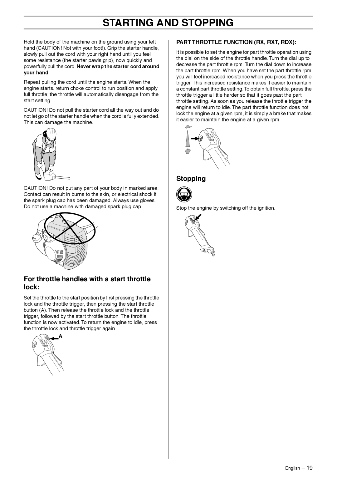 Husqvarna 335R, 333R manual For throttle handles with a start throttle lock, Stopping 