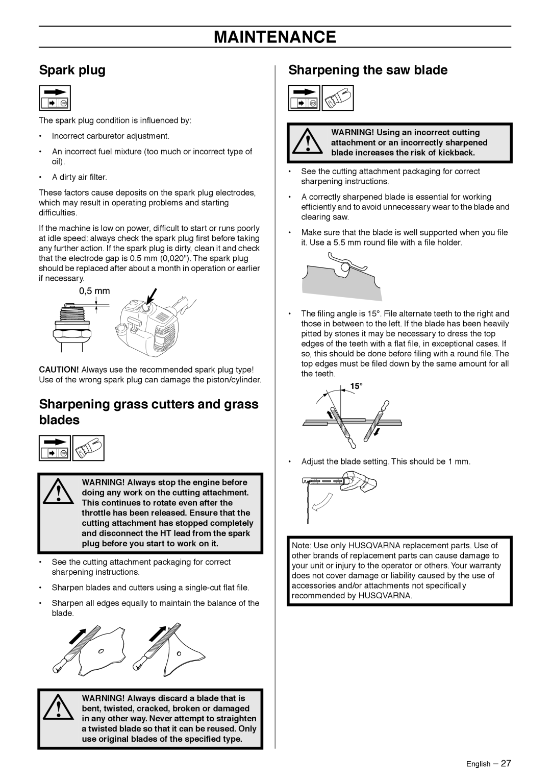 Husqvarna 335R, 333R manual Spark plug, Sharpening grass cutters and grass blades, Sharpening the saw blade 