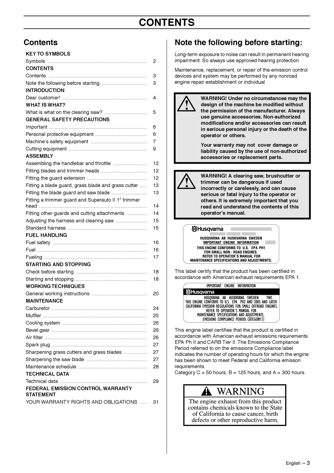 Husqvarna 335R, 333R manual Contents 