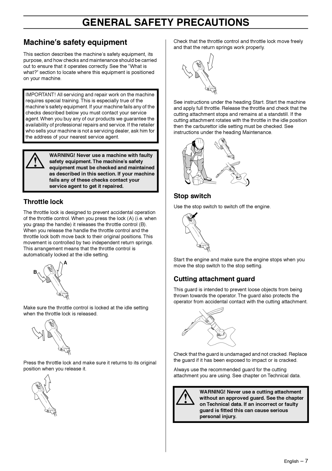 Husqvarna 335R, 333R manual Machine′s safety equipment, Throttle lock, Stop switch, Cutting attachment guard 