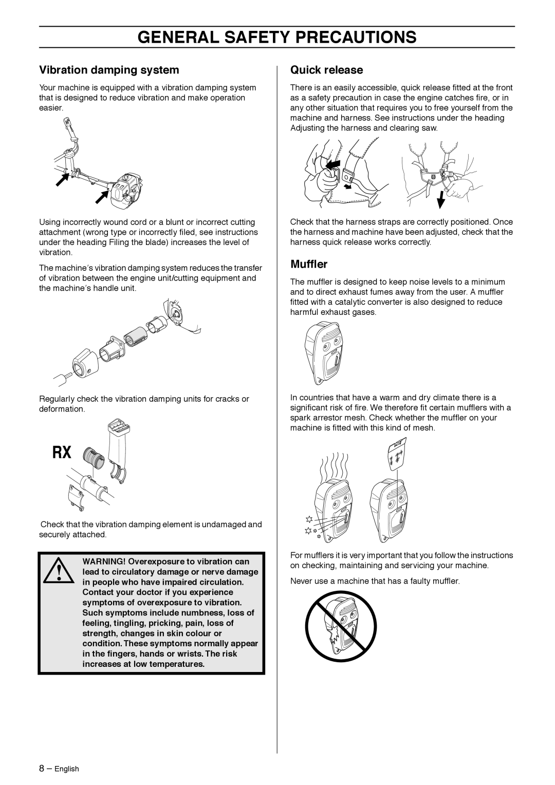 Husqvarna 333R, 335R manual Vibration damping system, Quick release, Mufﬂer 