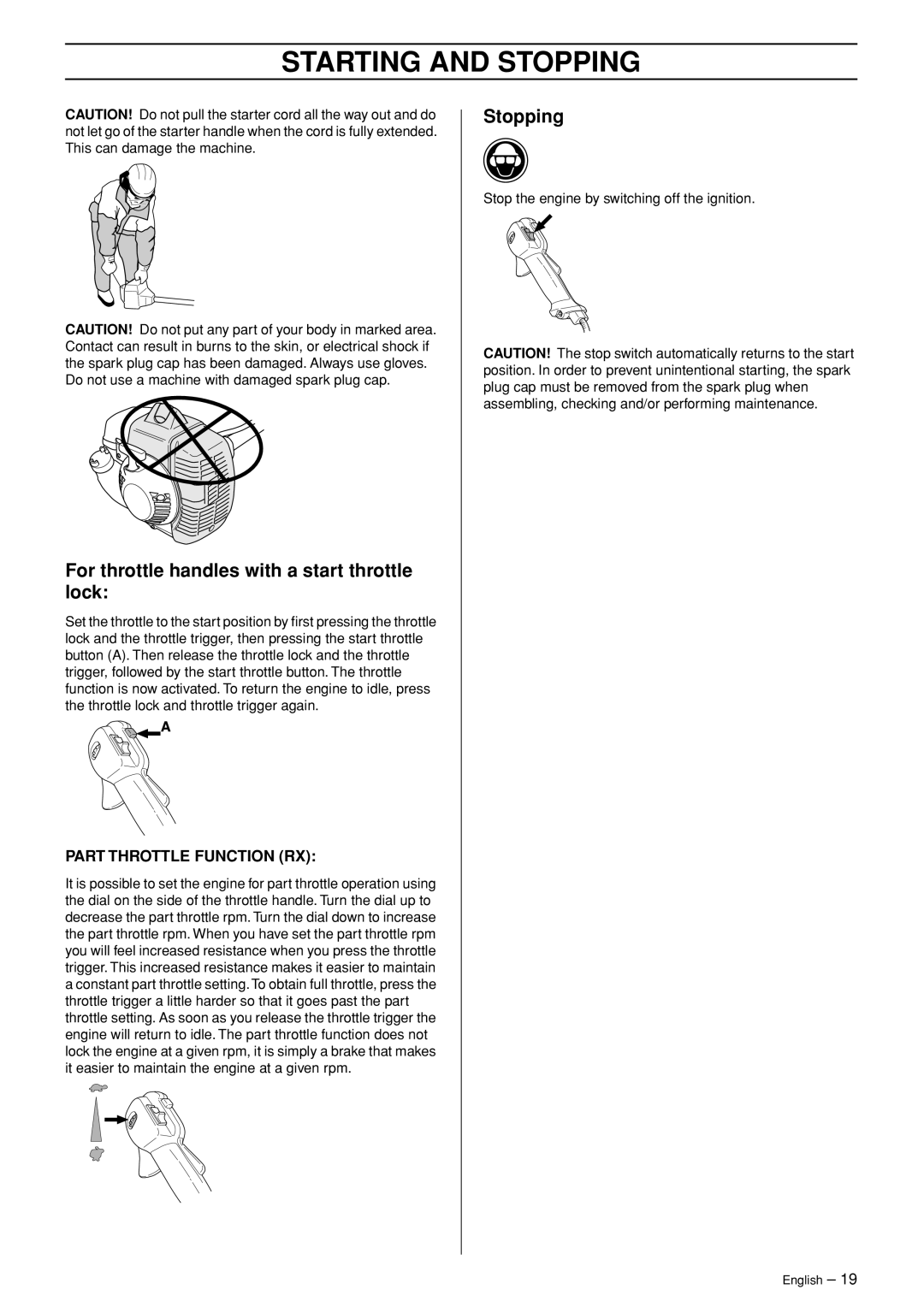 Husqvarna 333R-Series manual For throttle handles with a start throttle lock, Stopping 