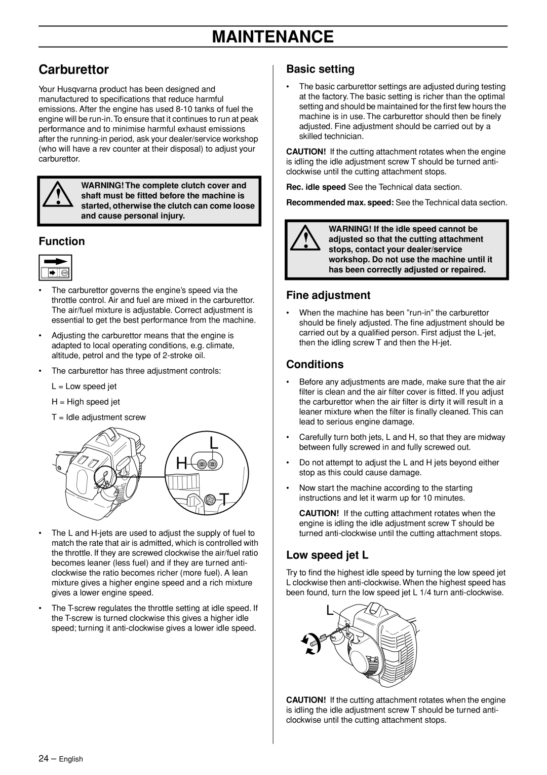 Husqvarna 333R-Series manual Maintenance, Carburettor 