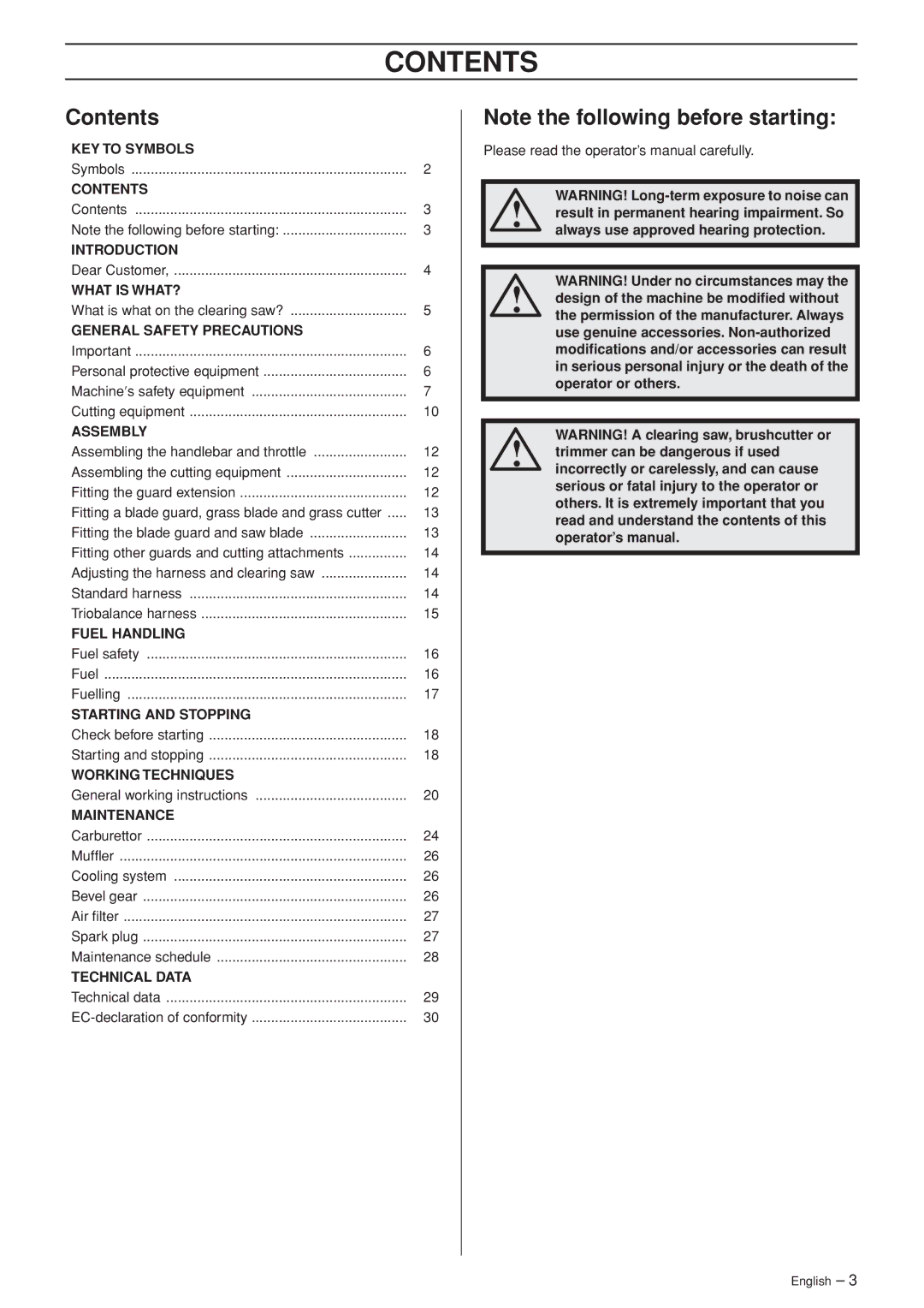 Husqvarna 333R-Series manual Contents 