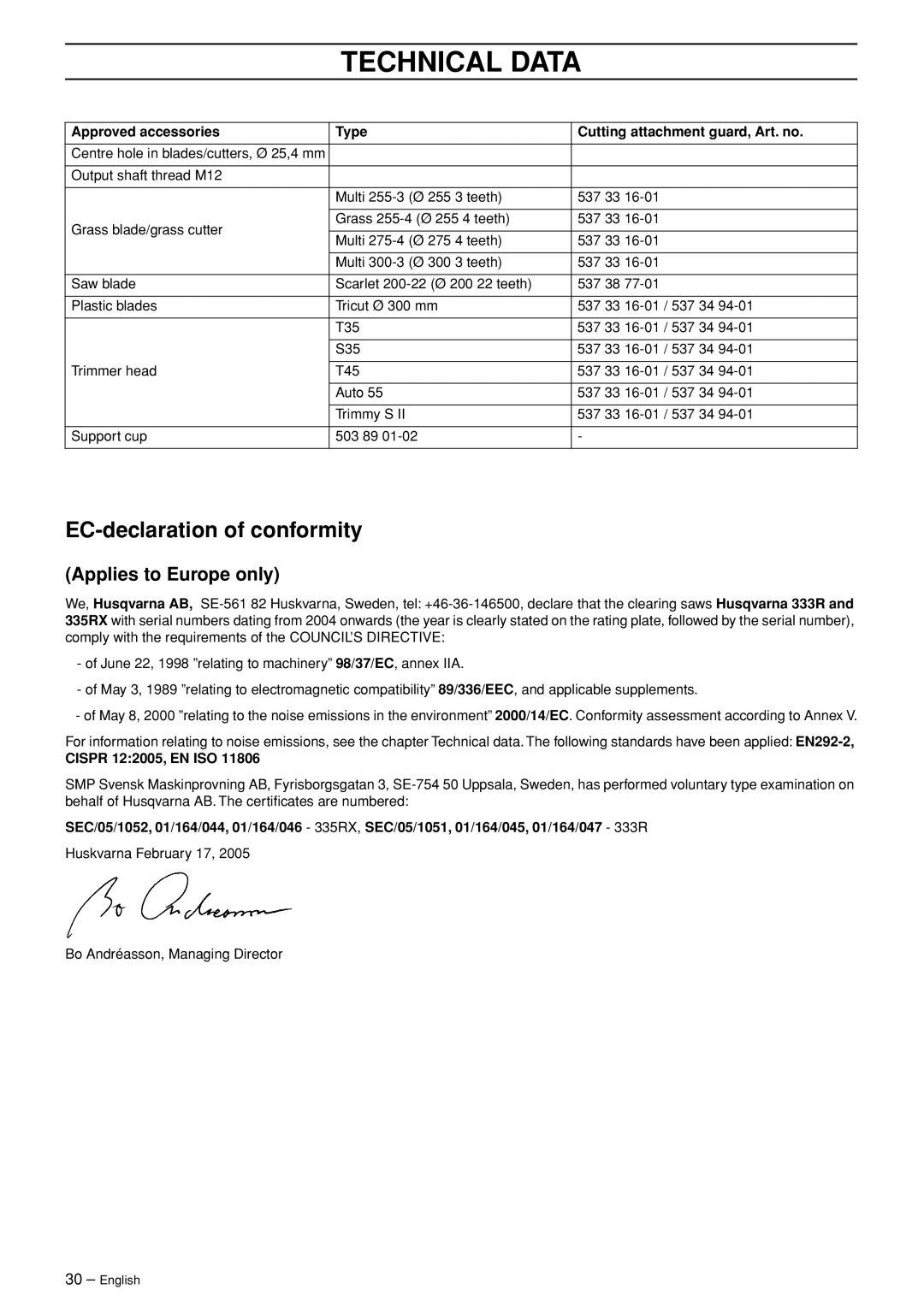 Husqvarna 333R-Series manual EC-declaration of conformity, Applies to Europe only 