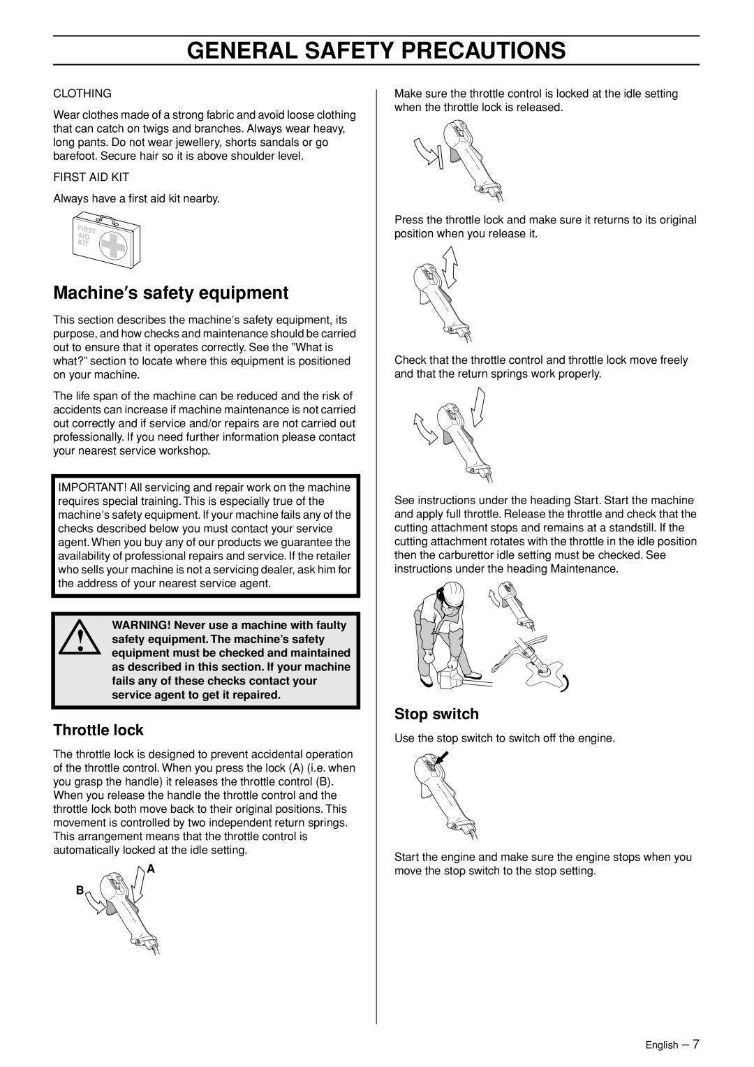 Husqvarna 333R-Series manual Machine′s safety equipment, Throttle lock, Stop switch 