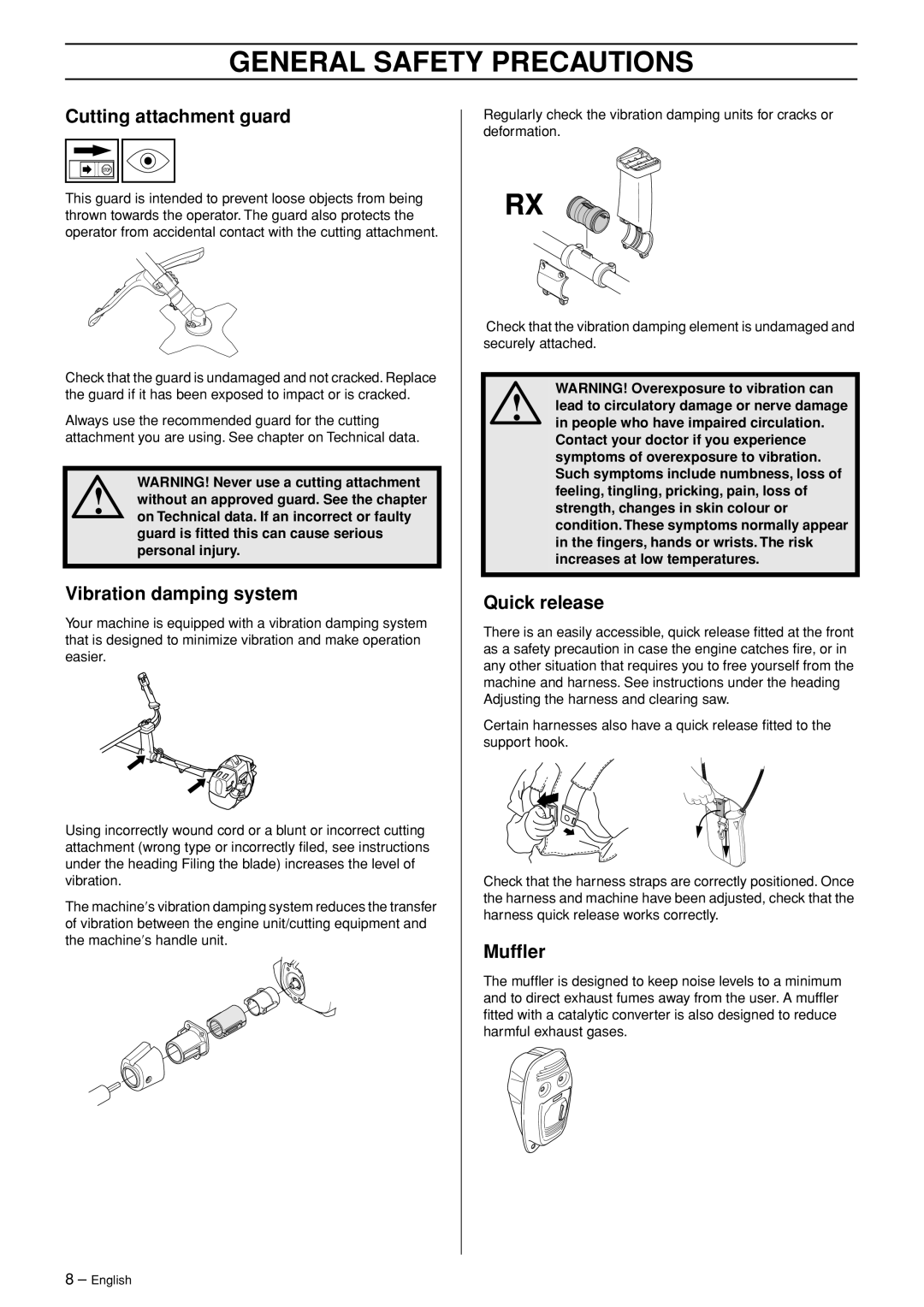 Husqvarna 333R-Series manual Cutting attachment guard, Vibration damping system, Quick release, Mufﬂer 