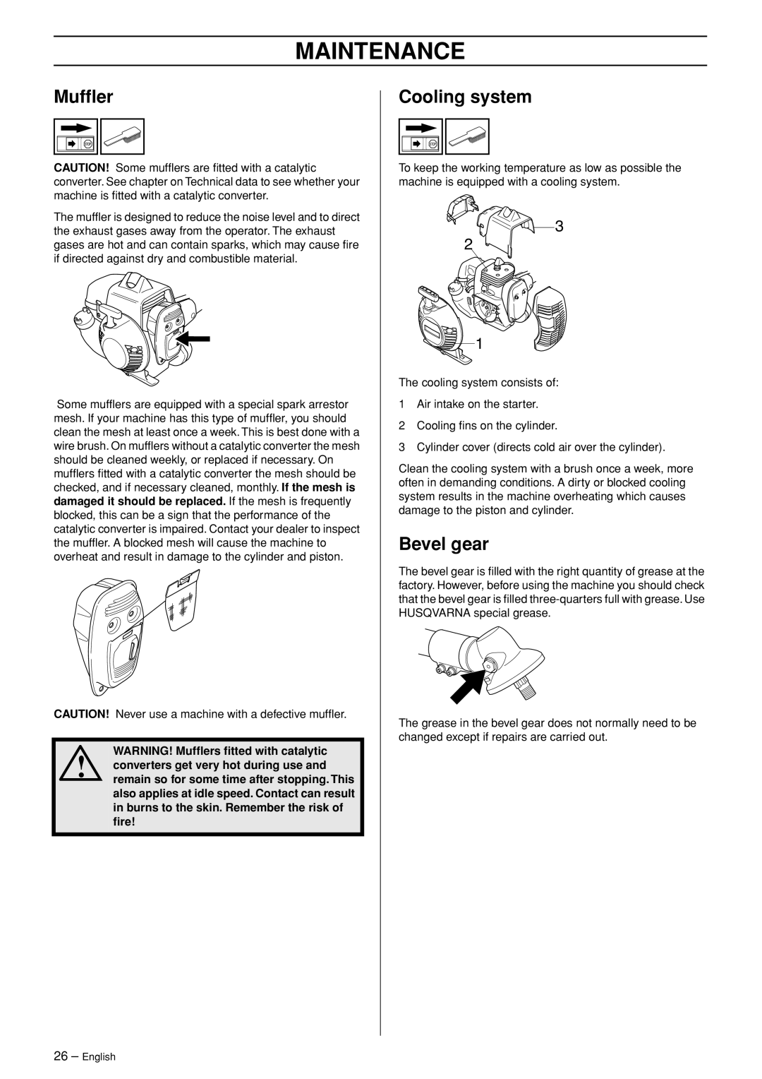 Husqvarna 333R-Series manual Cooling system, Bevel gear, Maintenance, WARNING! Mufﬂers ﬁtted with catalytic 
