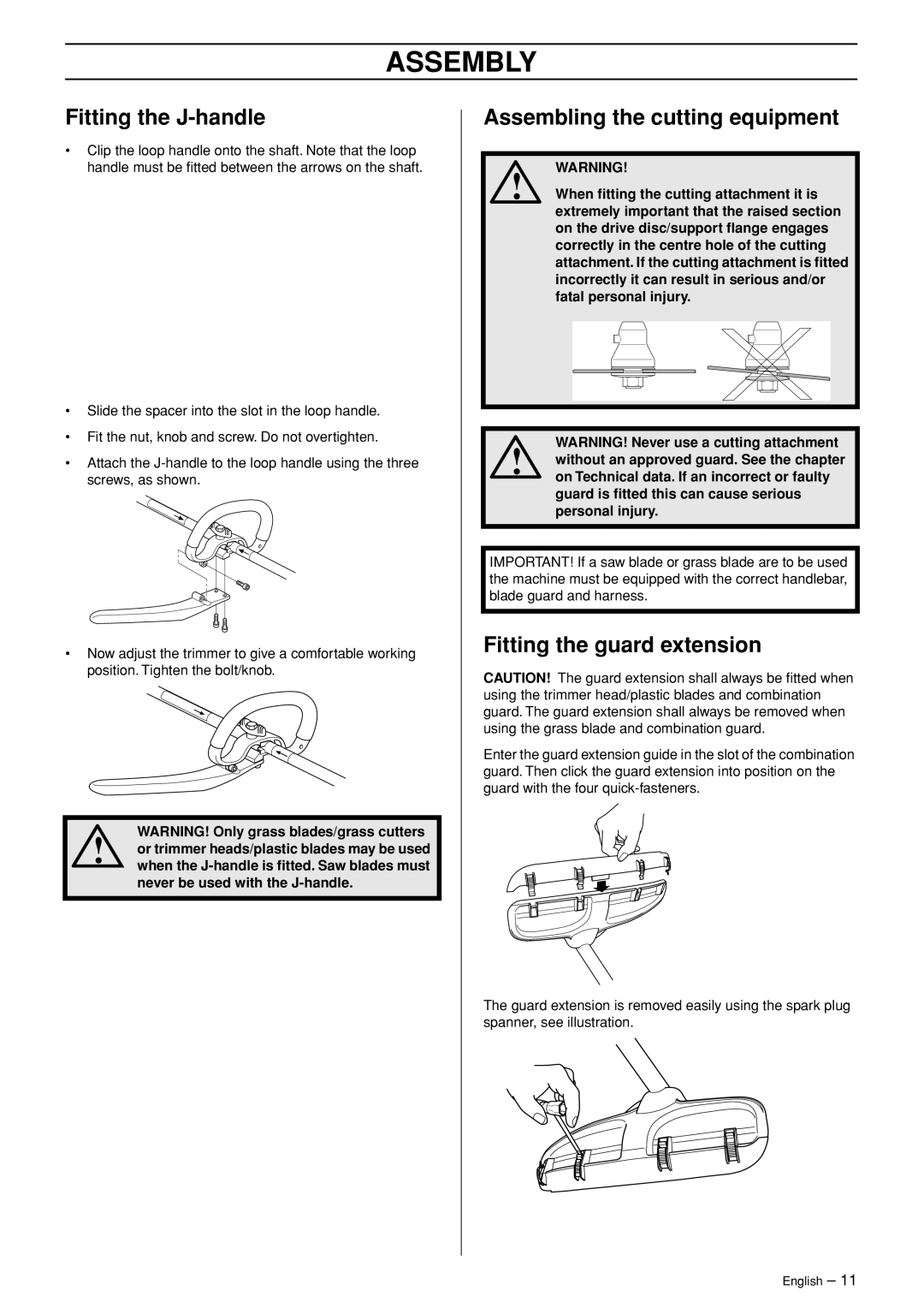 Husqvarna 333RJ, 335RJX-Series manual Assembly, Fitting the J-handle, Assembling the cutting equipment 