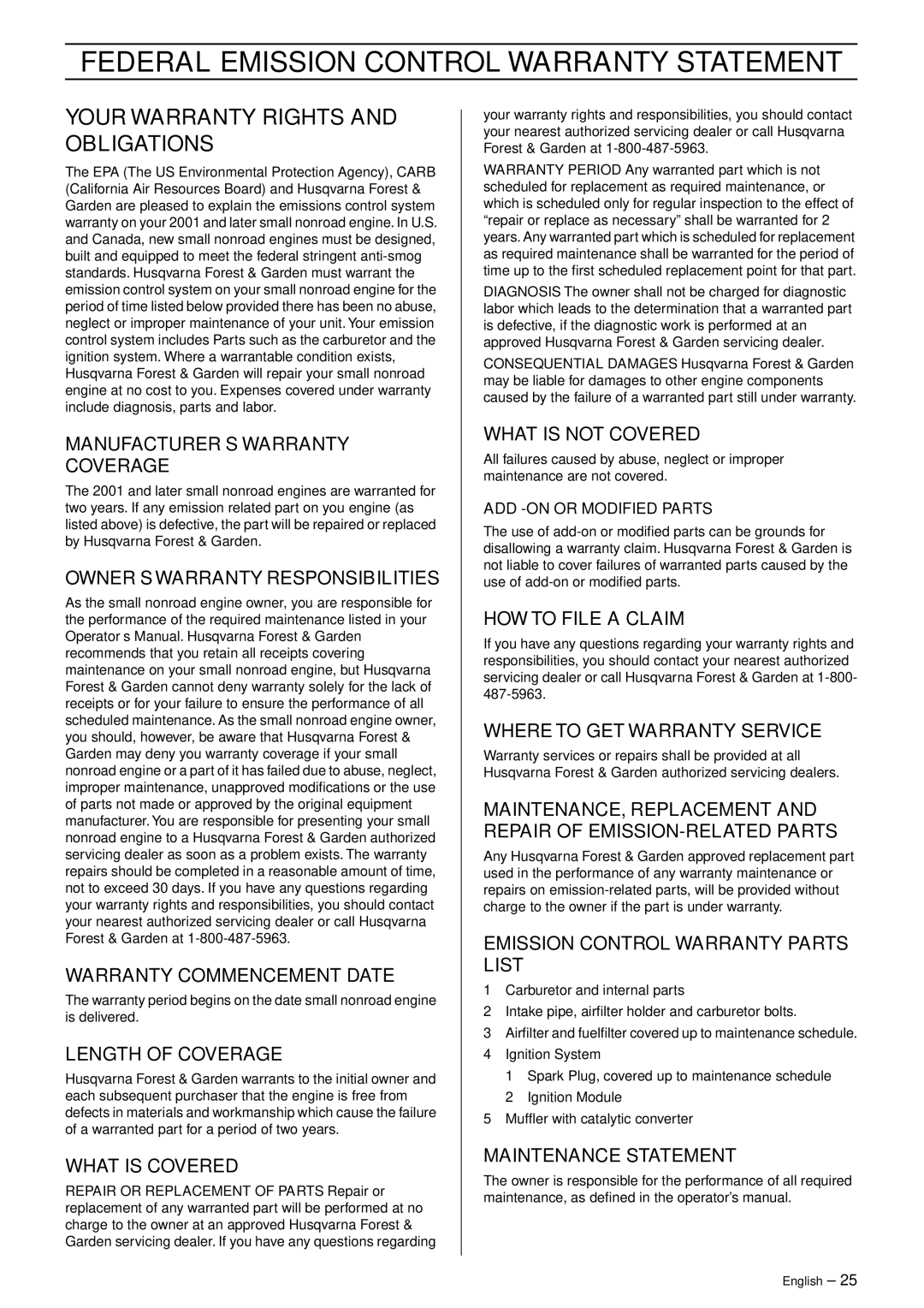 Husqvarna 333RJ, 335RJX-Series manual Federal Emission Control Warranty Statement, Your Warranty Rights and Obligations 