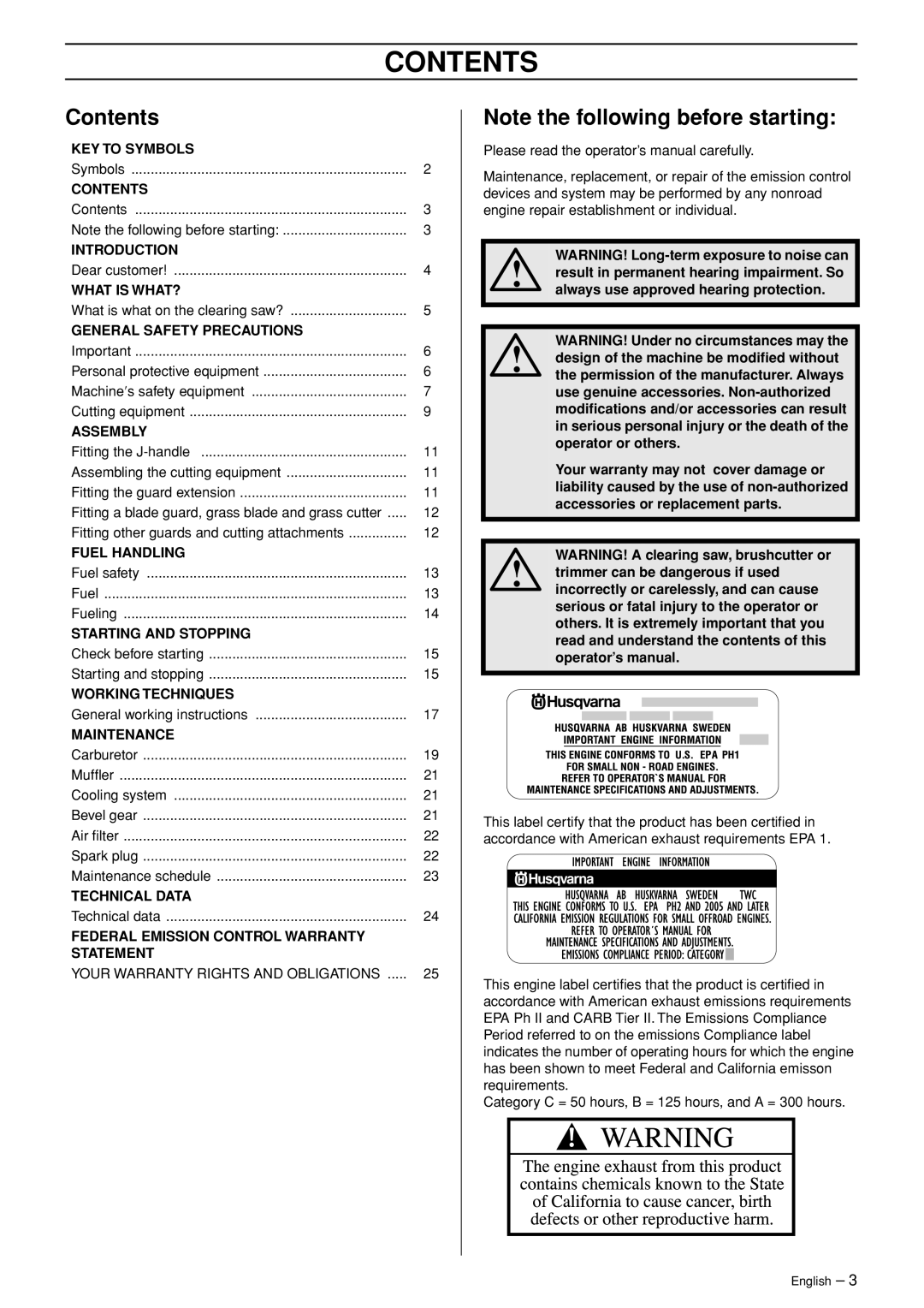 Husqvarna 333RJ, 335RJX-Series manual Contents 