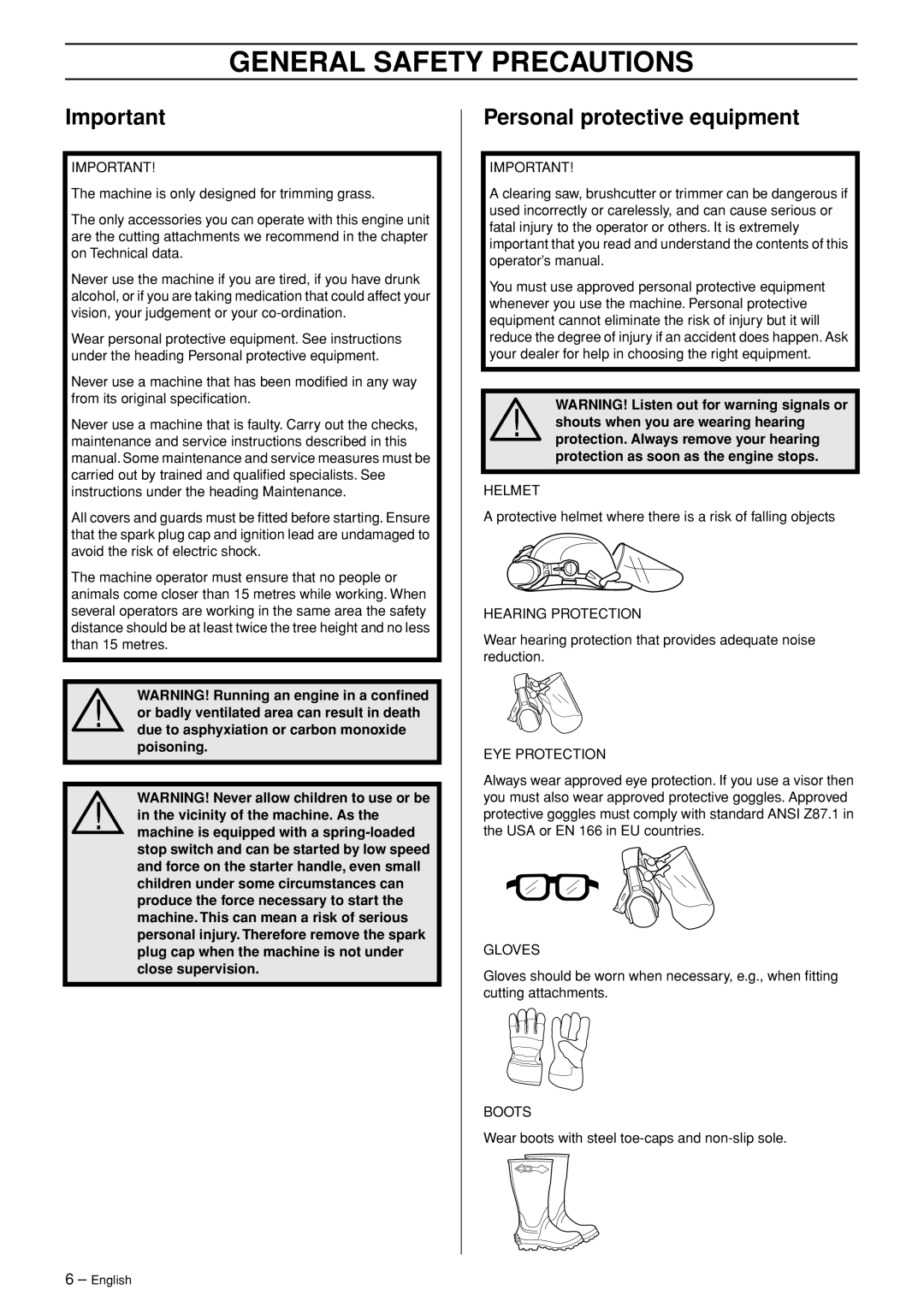 Husqvarna 333RJ, 335RJX-Series manual General Safety Precautions, Personal protective equipment 