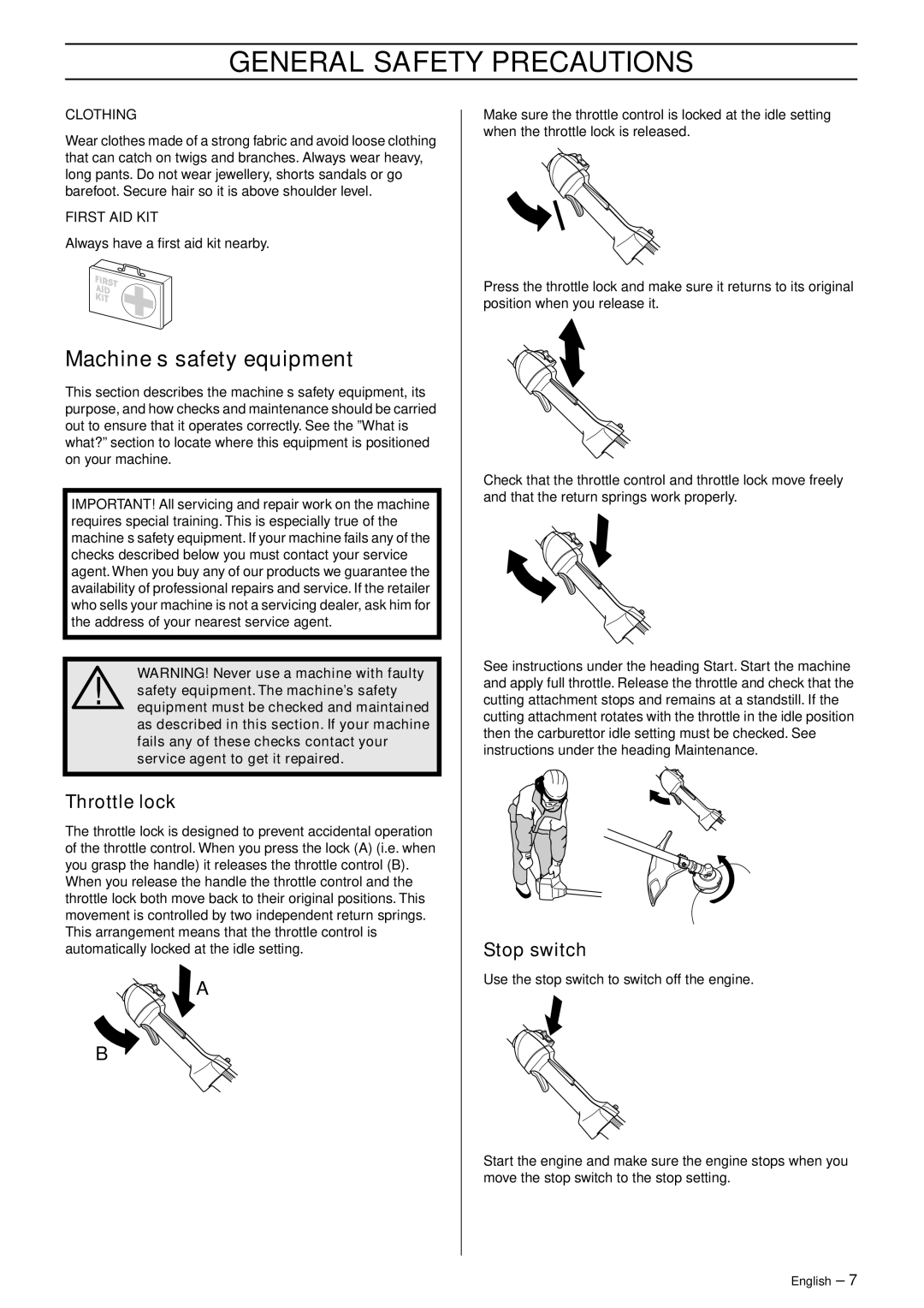 Husqvarna 333RJ, 335RJX-Series manual Machine′s safety equipment, Throttle lock, Stop switch 