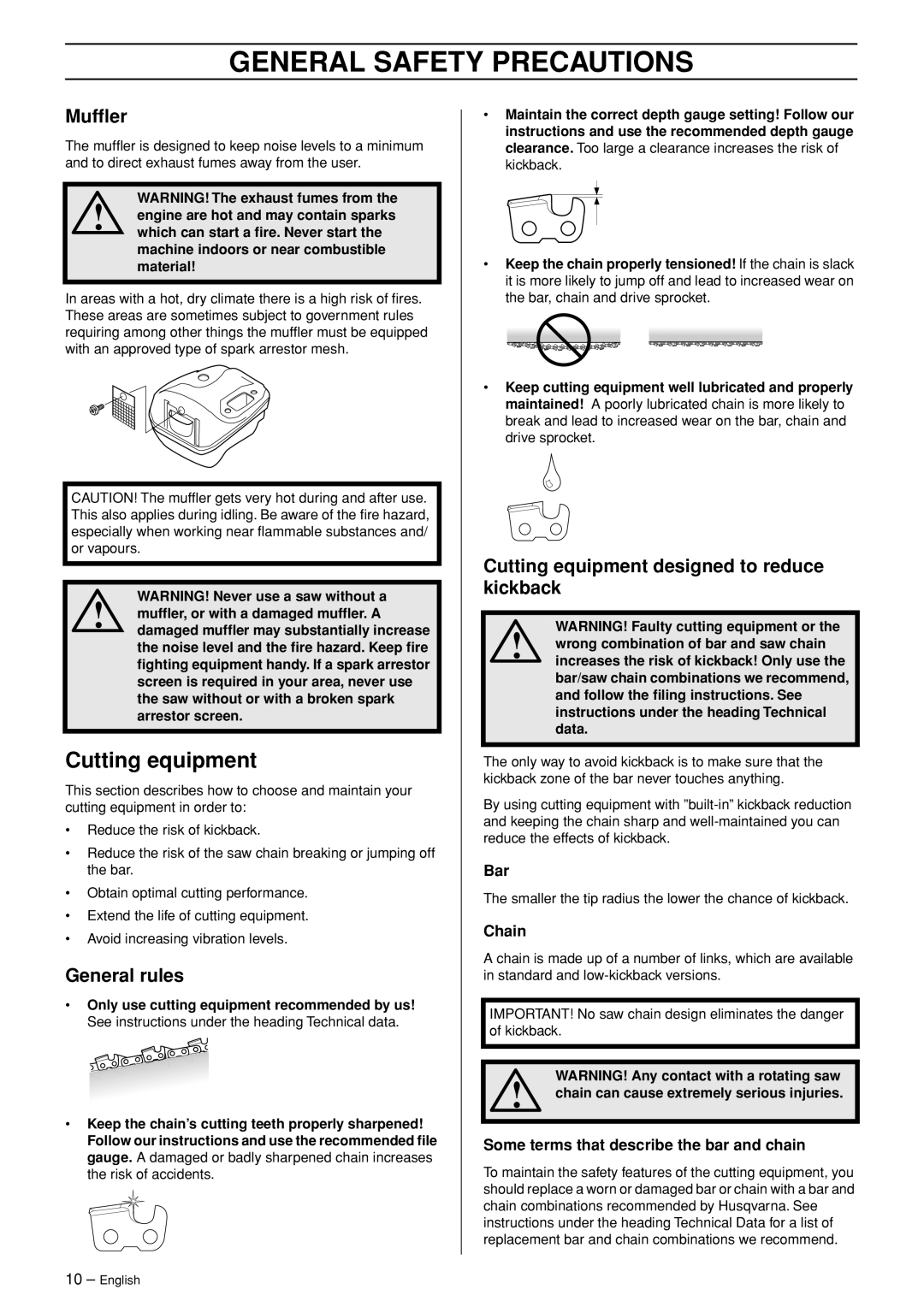Husqvarna 334T, 338XPT manual Mufﬂer, General rules, Cutting equipment designed to reduce kickback 