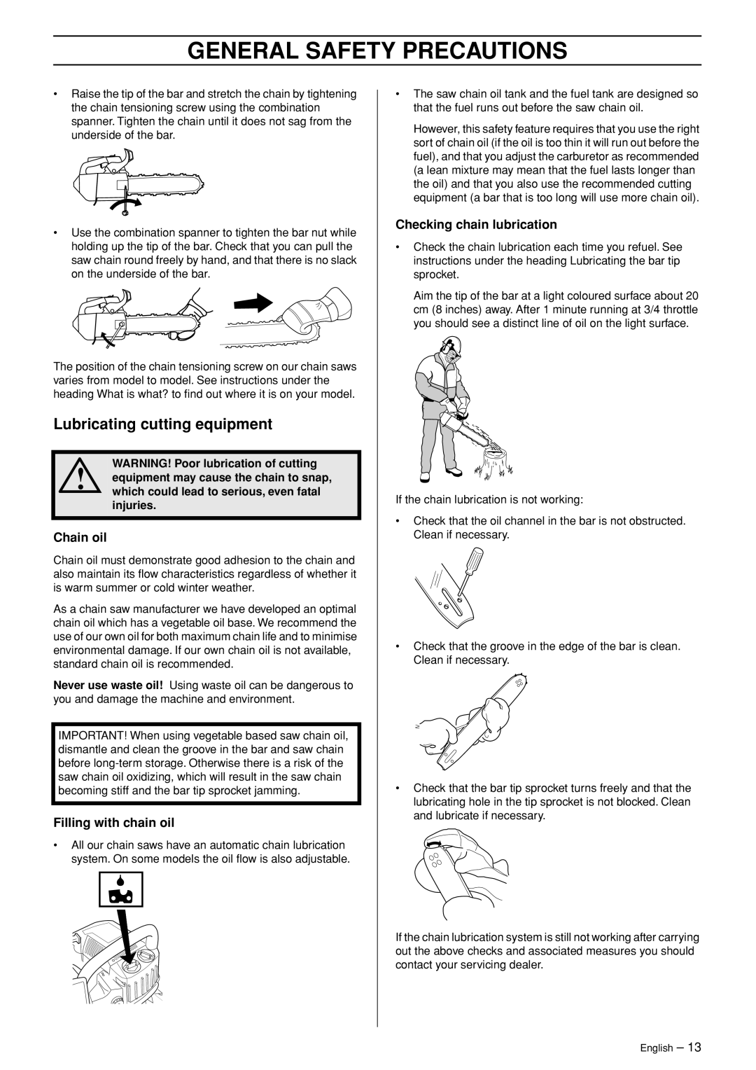 Husqvarna 338XPT, 334T manual Lubricating cutting equipment, Chain oil, Filling with chain oil, Checking chain lubrication 