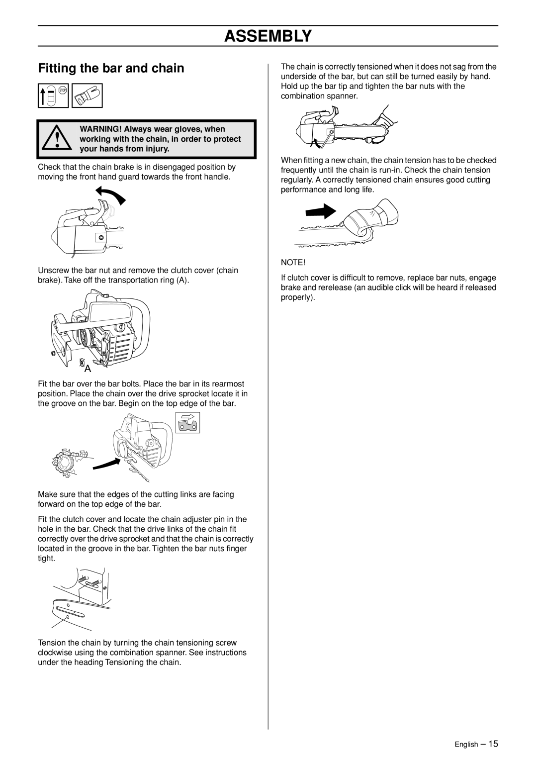 Husqvarna 338XPT, 334T manual Assembly, Fitting the bar and chain 