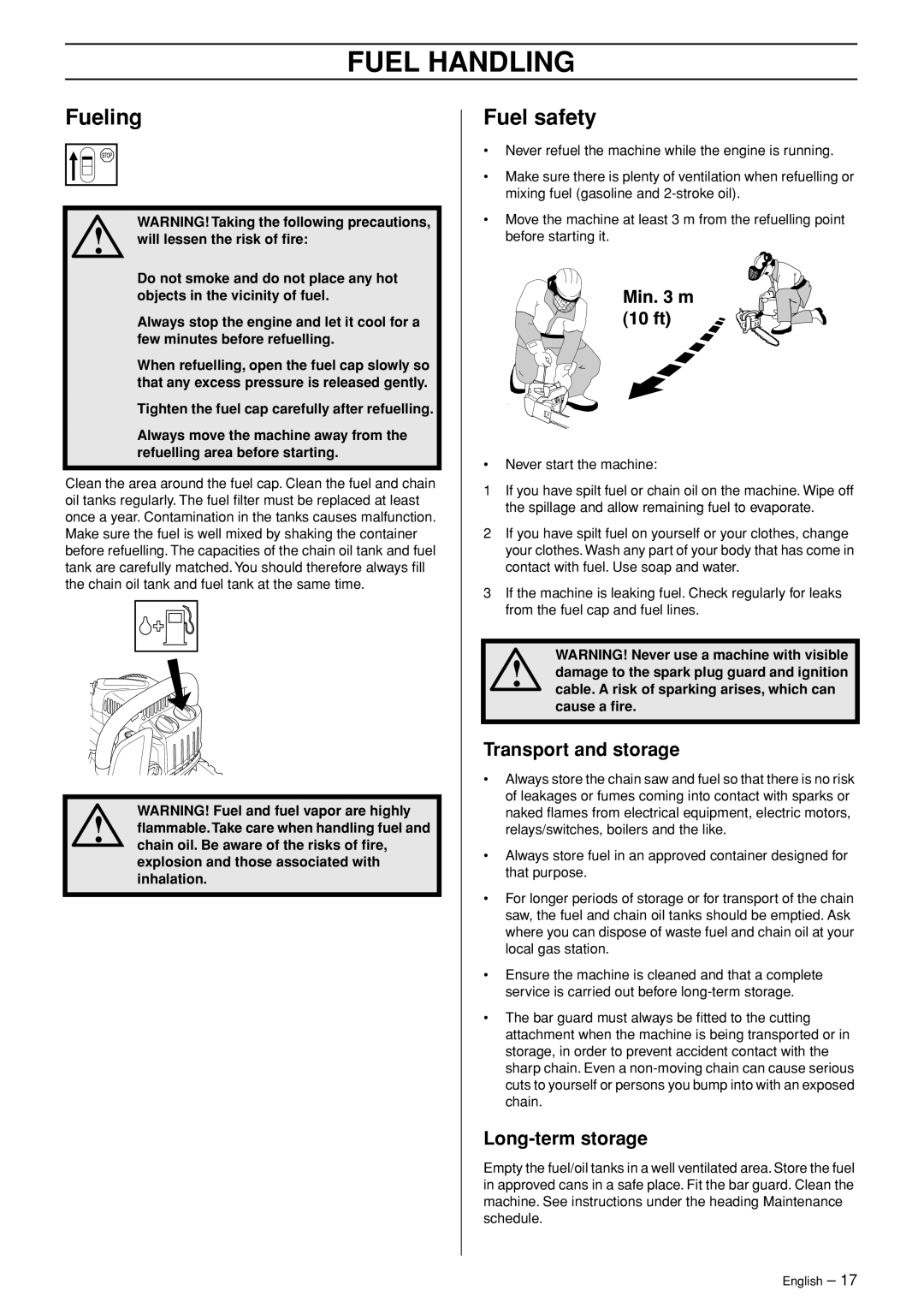 Husqvarna 338XPT, 334T manual Fueling, Fuel safety, Transport and storage, Long-term storage 