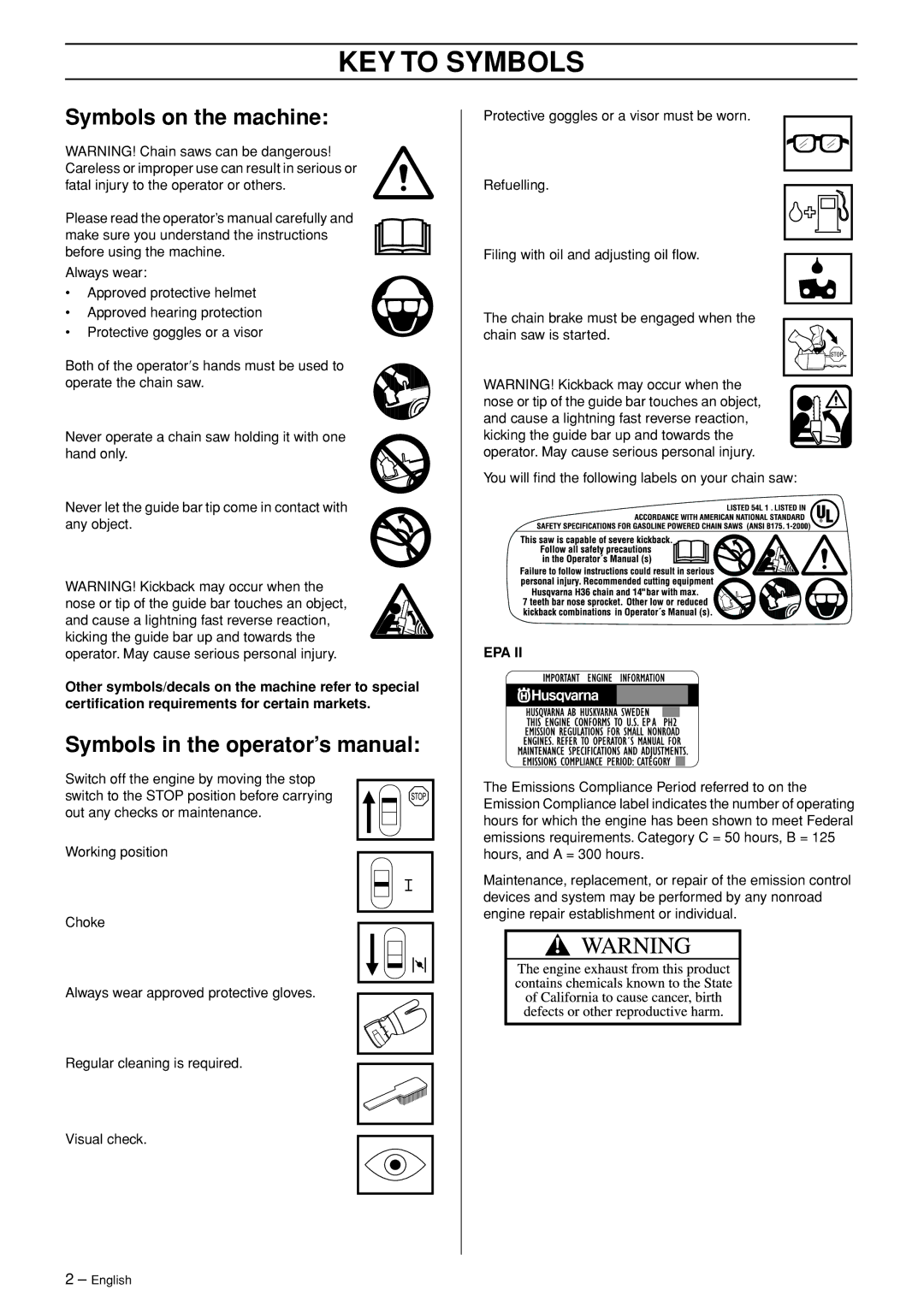 Husqvarna 334T, 338XPT KEY to Symbols, Symbols on the machine, Symbols in the operator’s manual 