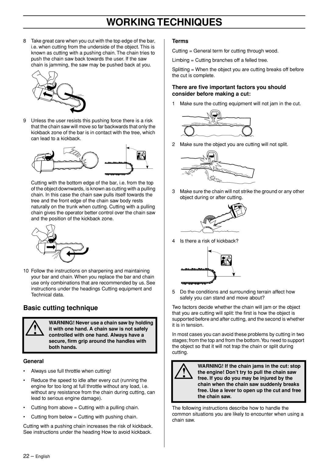 Husqvarna 334T, 338XPT manual Basic cutting technique, General, Terms 