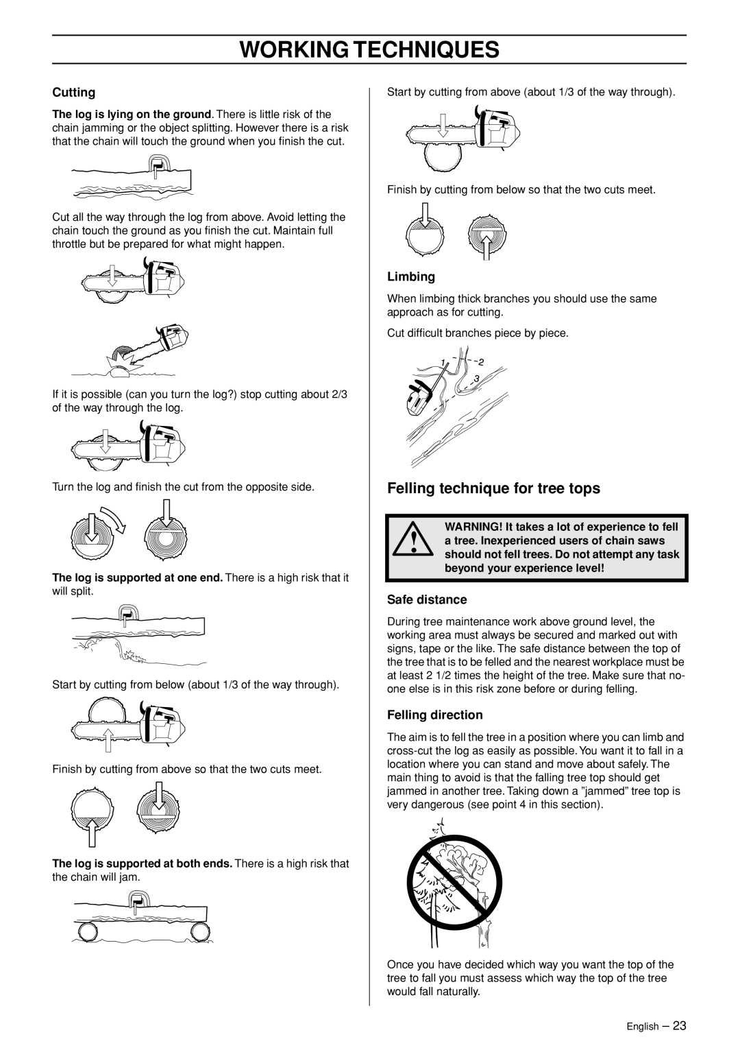 Husqvarna 338XPT, 334T manual Felling technique for tree tops, Cutting, Limbing, Safe distance, Felling direction 