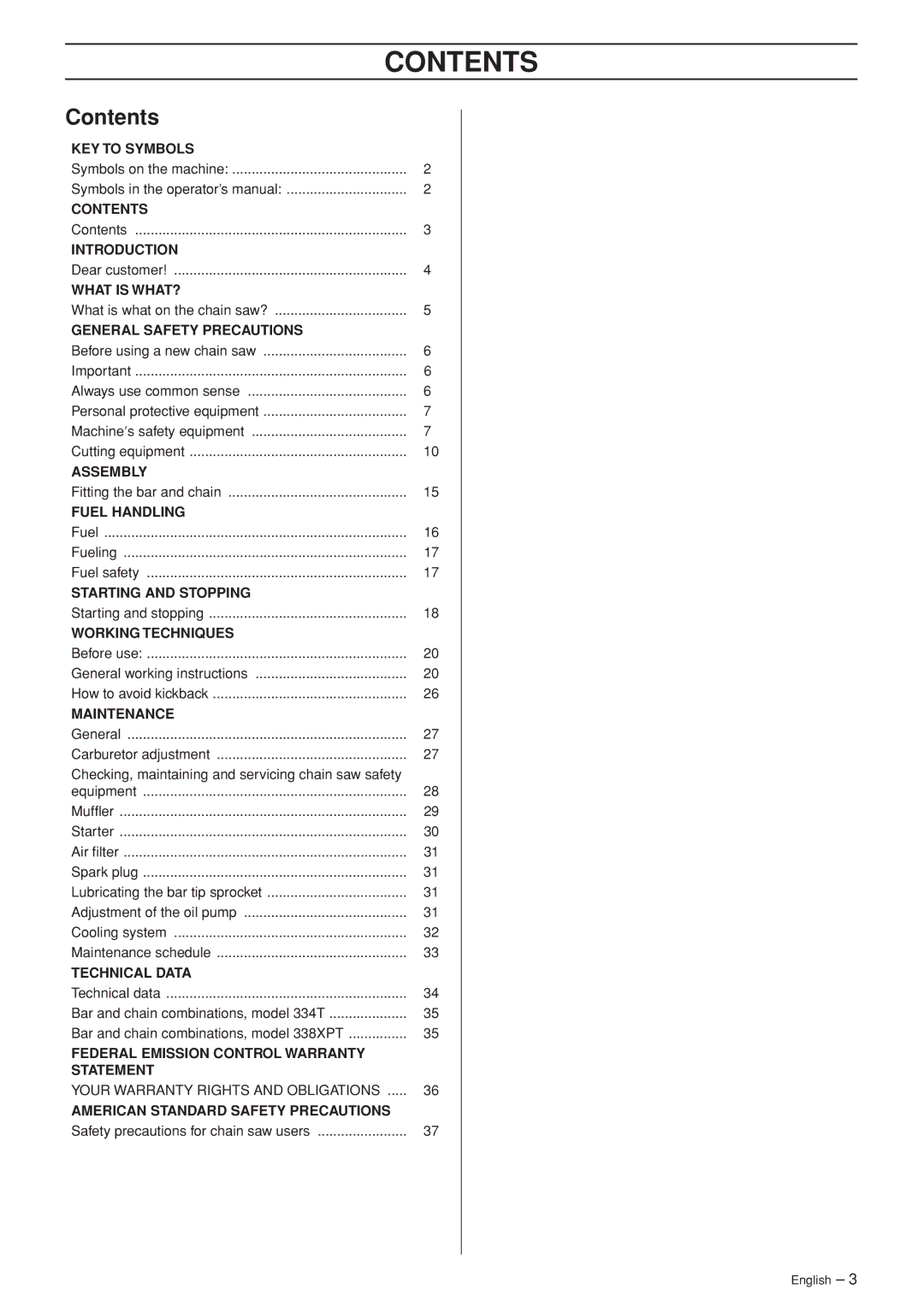 Husqvarna 338XPT, 334T manual Contents 