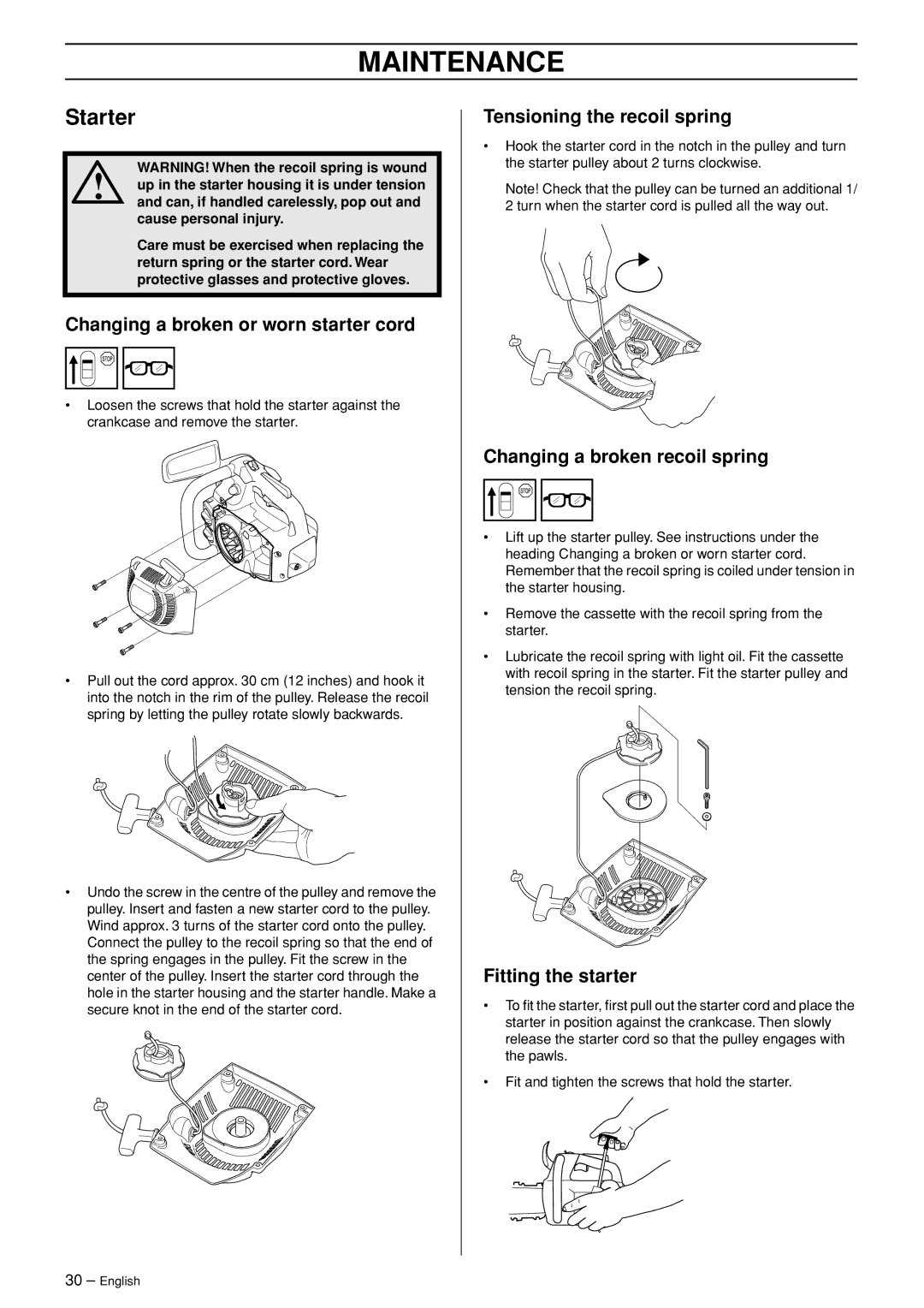 Husqvarna 334T, 338XPT Starter, Changing a broken or worn starter cord, Tensioning the recoil spring, Fitting the starter 