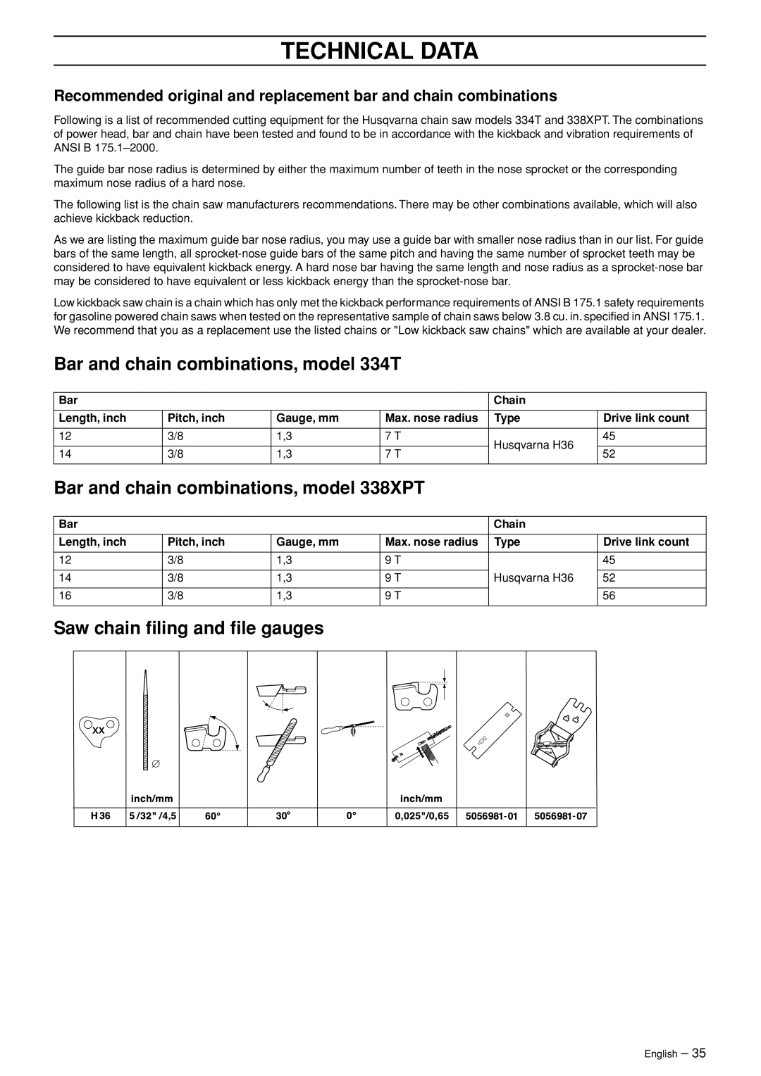 Husqvarna manual Bar and chain combinations, model 334T, Bar and chain combinations, model 338XPT 