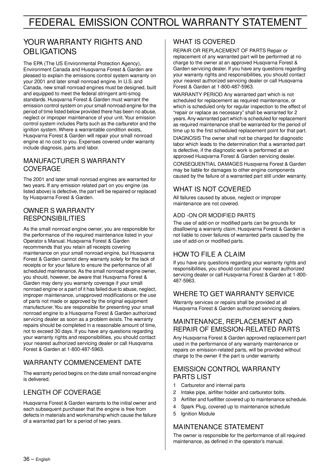 Husqvarna 334T, 338XPT manual Federal Emission Control Warranty Statement, Your Warranty Rights and Obligations 