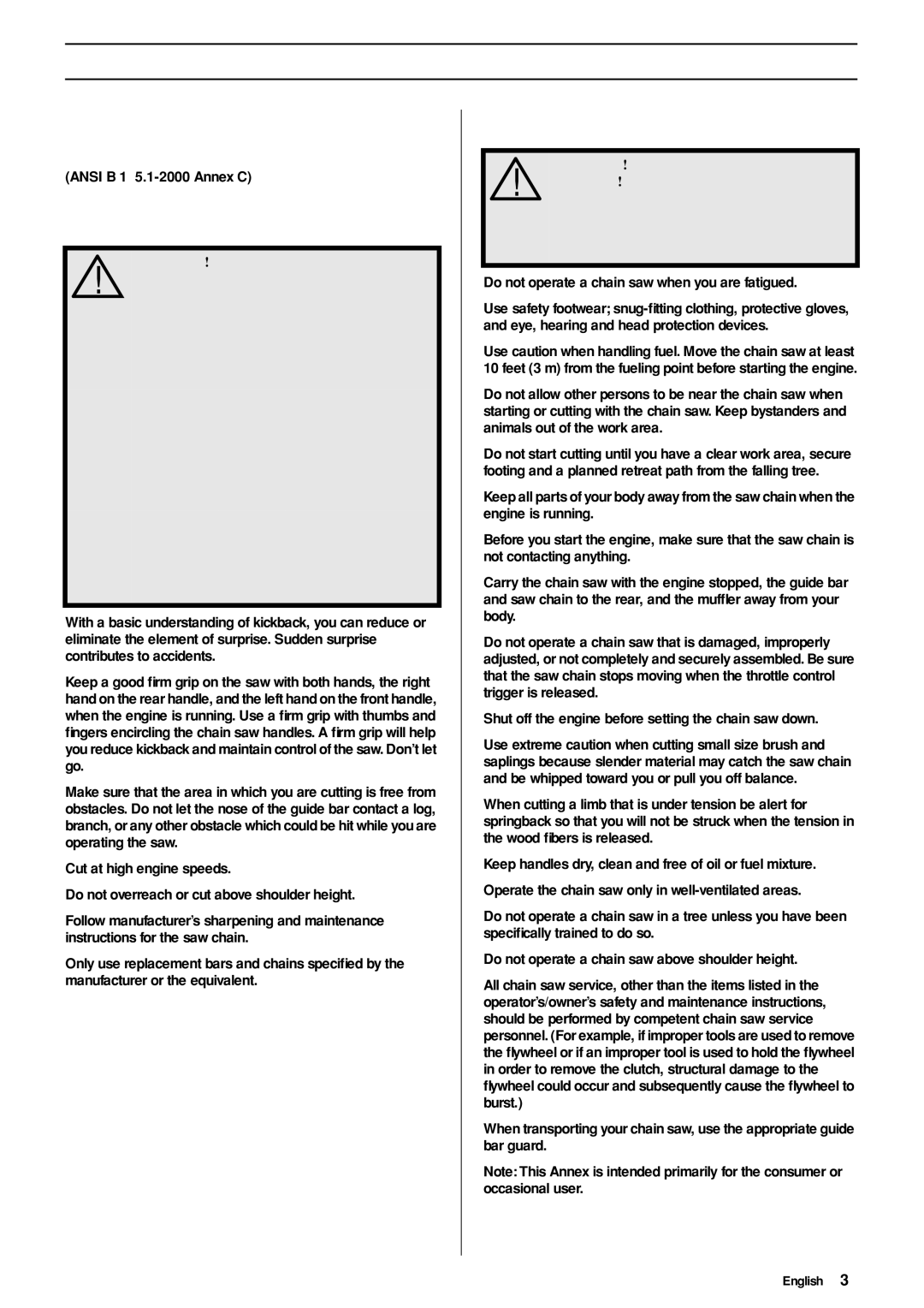 Husqvarna 338XPT American Standard Safety Precautions, Safety precautions for chain saw users, Kickback safety precautions 