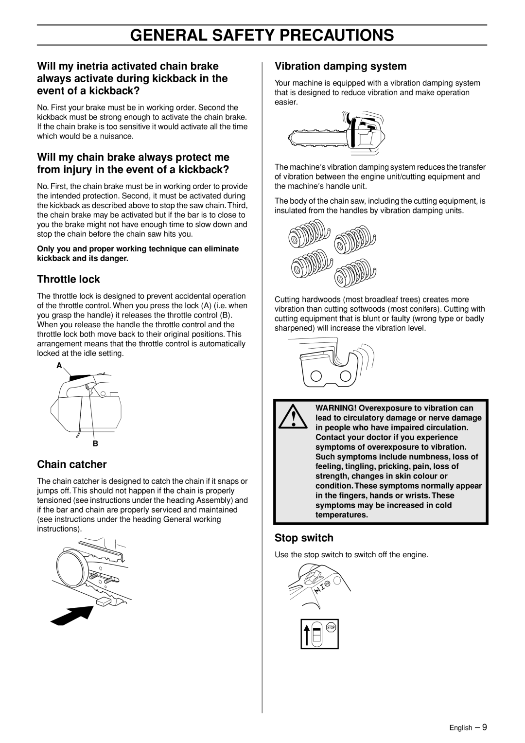 Husqvarna 338XPT, 334T manual Throttle lock, Chain catcher, Vibration damping system, Stop switch 