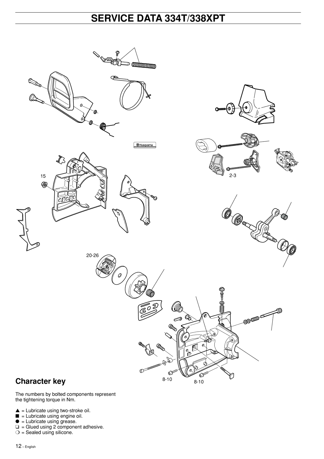 Husqvarna 339XP, 336, Chain Saw manual Service Data 334T/338XPT, Character key 