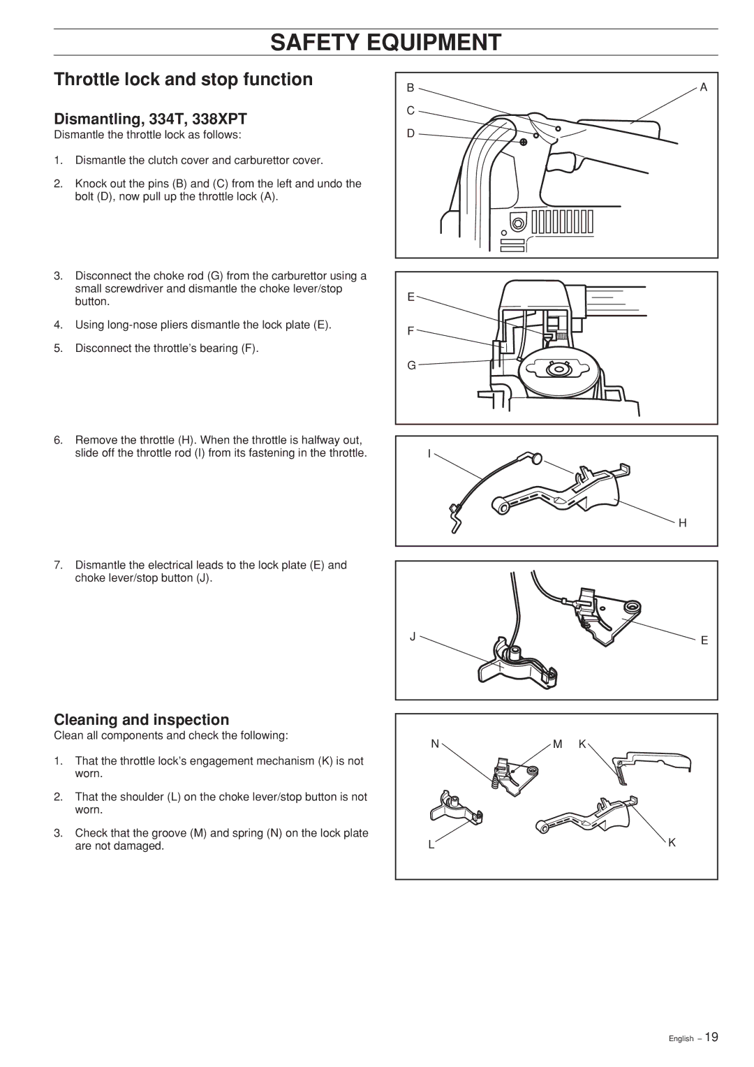 Husqvarna Chain Saw, 339XP, 336 manual Throttle lock and stop function, Dismantling, 334T, 338XPT 