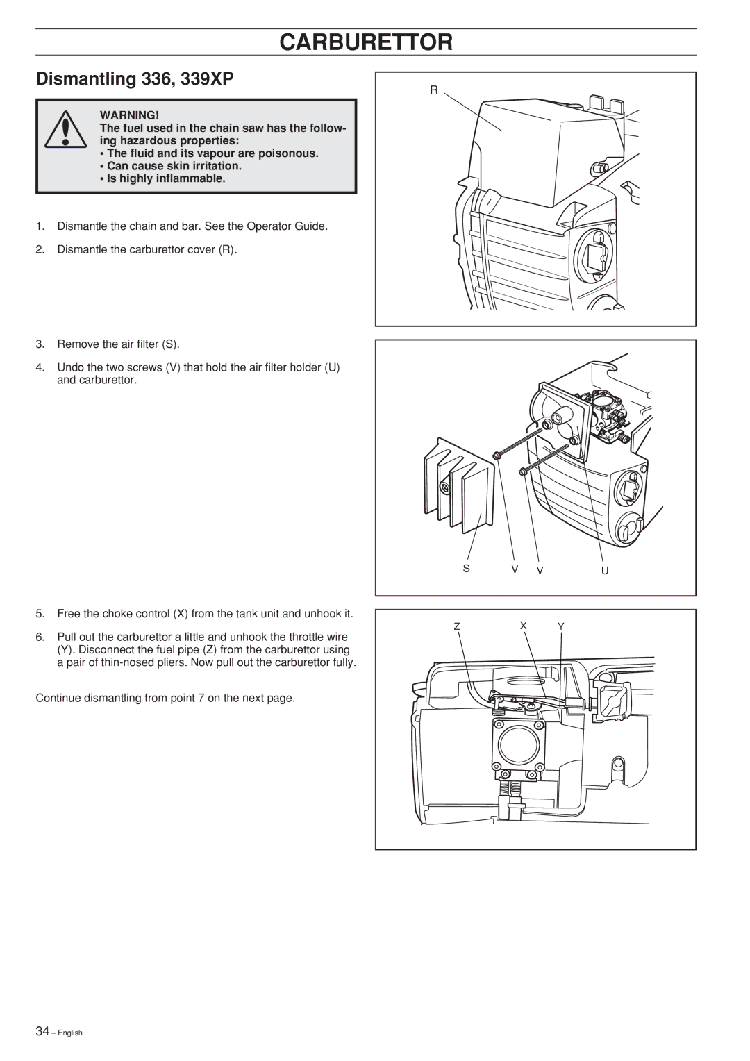 Husqvarna Chain Saw, 334T, 338XPT manual Dismantling 336, 339XP 